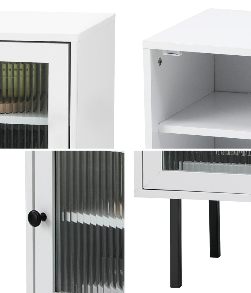 Bedside Table – White, Reeded Glass Door, Storage Cabinet, Metal Legs