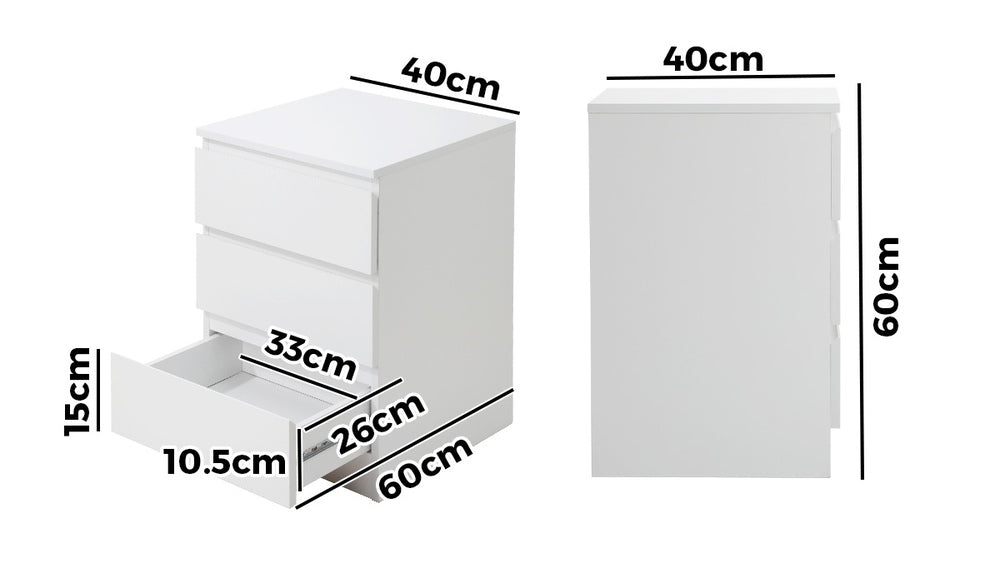 Bedside Table 3 Drawers Storage Cabinet White