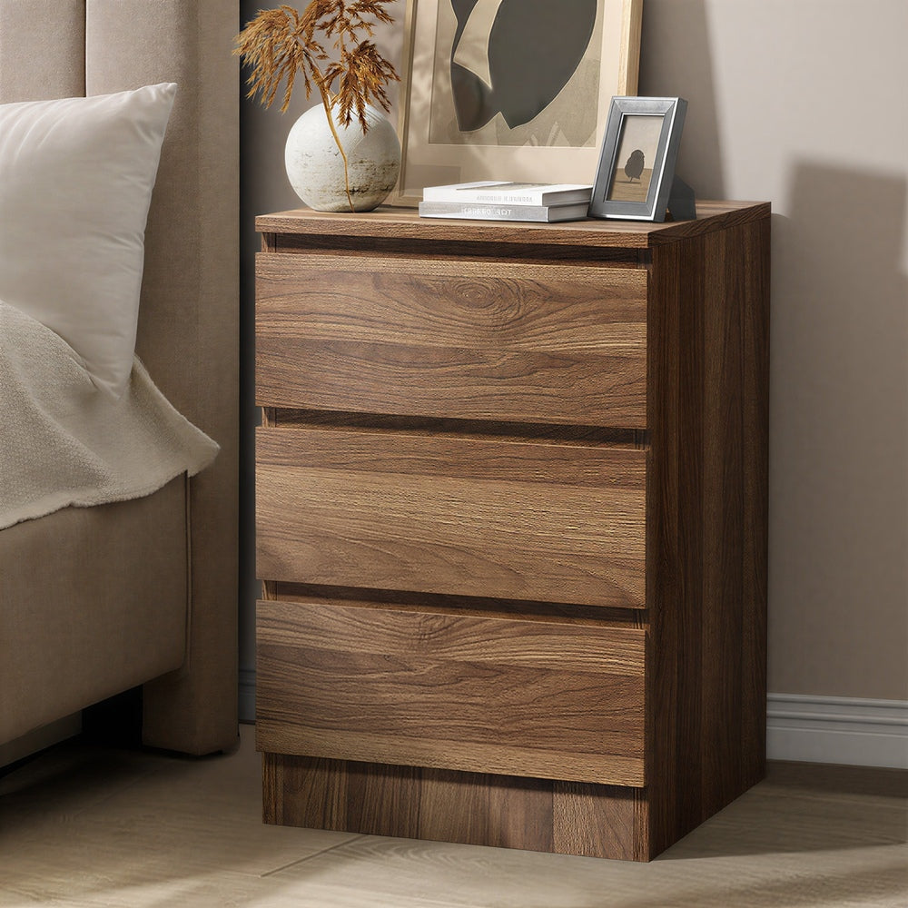 Bedside Table 3 Drawers Storage Cabinet Nightstand Walnut