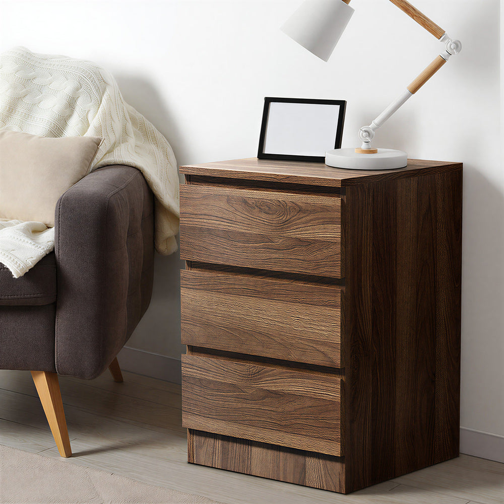 Bedside Table 3 Drawers Storage Cabinet Nightstand Walnut