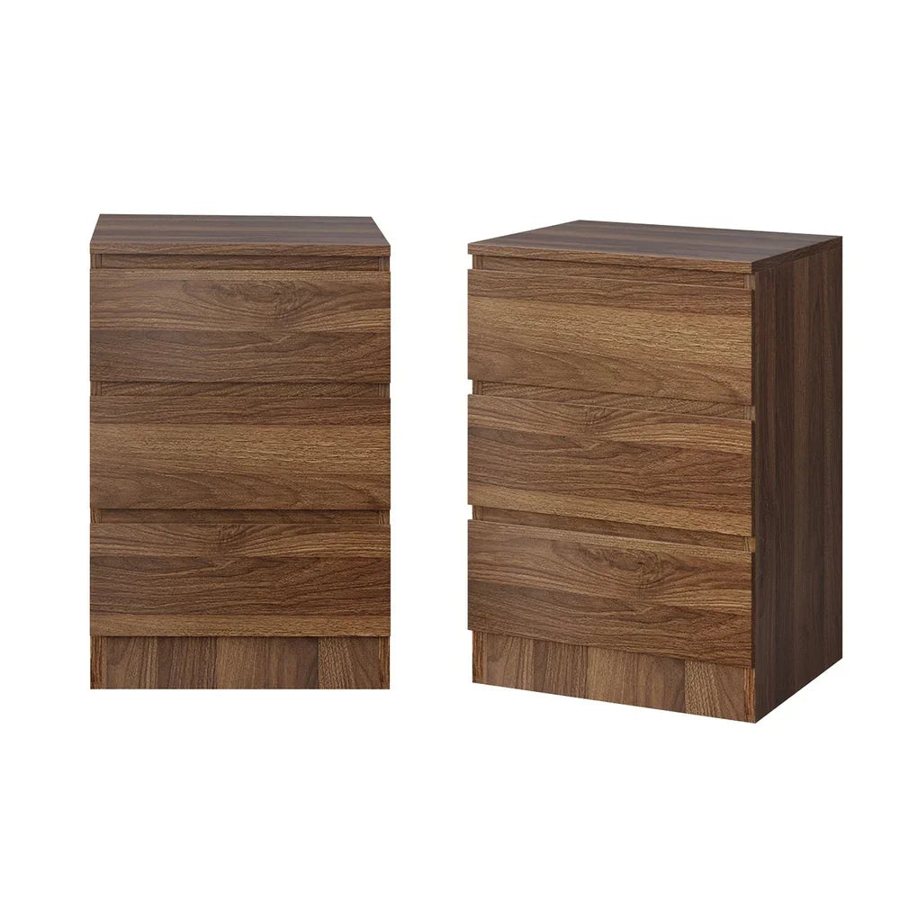 2x Bedside Table 3 Drawers Side Table Storage Cabinet Walnut