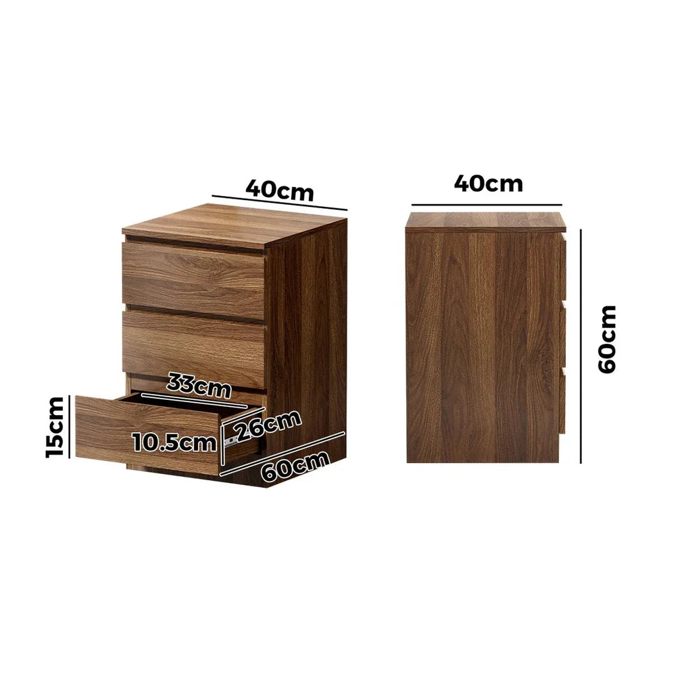 2x Bedside Table 3 Drawers Side Table Storage Cabinet Walnut