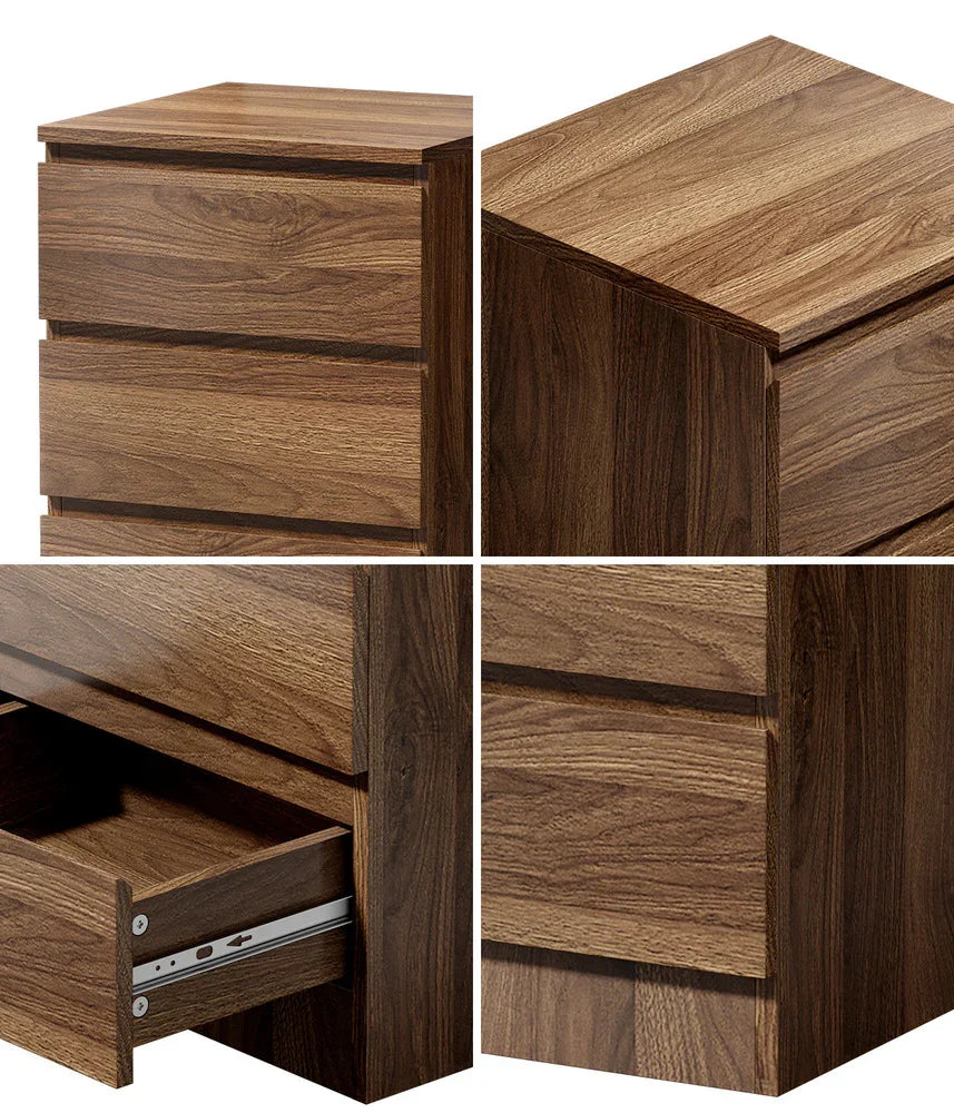 2x Bedside Table 3 Drawers Side Table Storage Cabinet Walnut