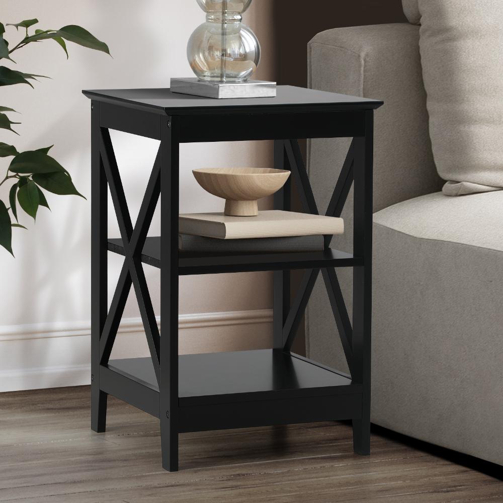 Side Table 3-tier Shelf X-Structured Sides Black