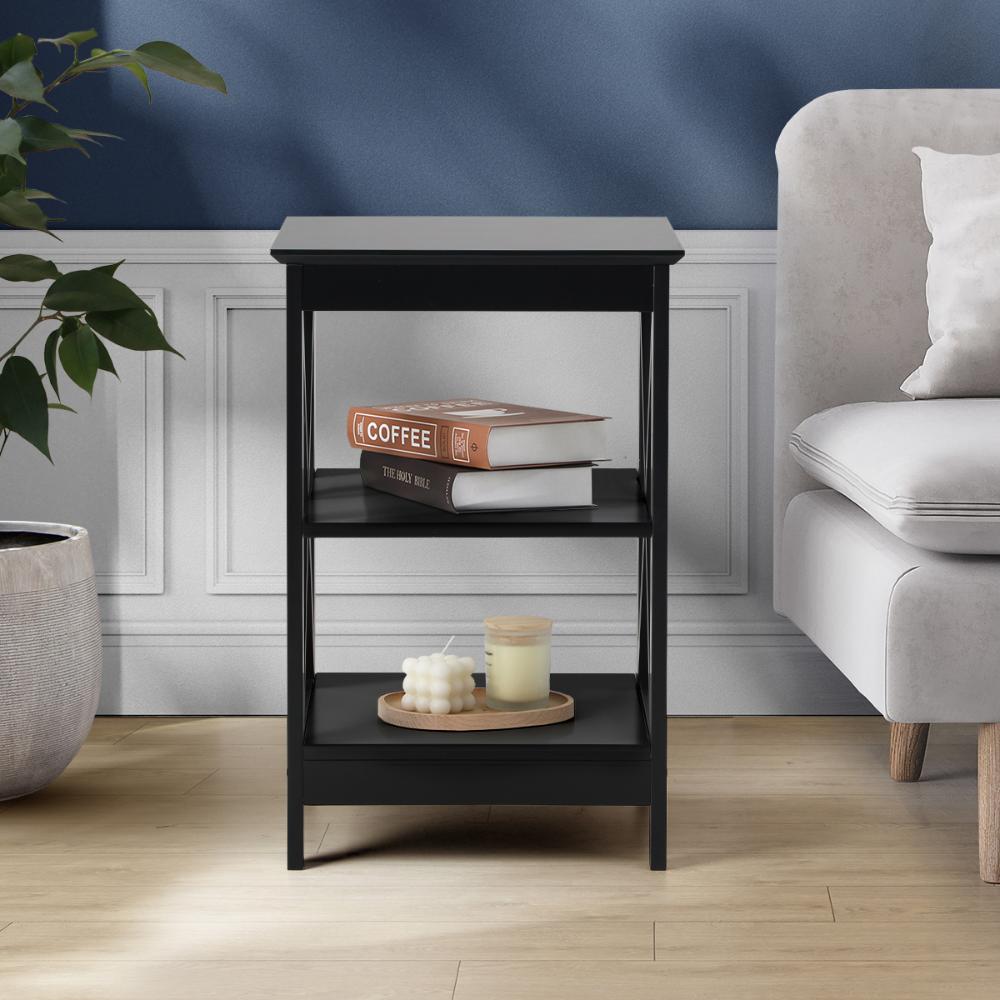 Side Table 3-tier Shelf X-Structured Sides Black
