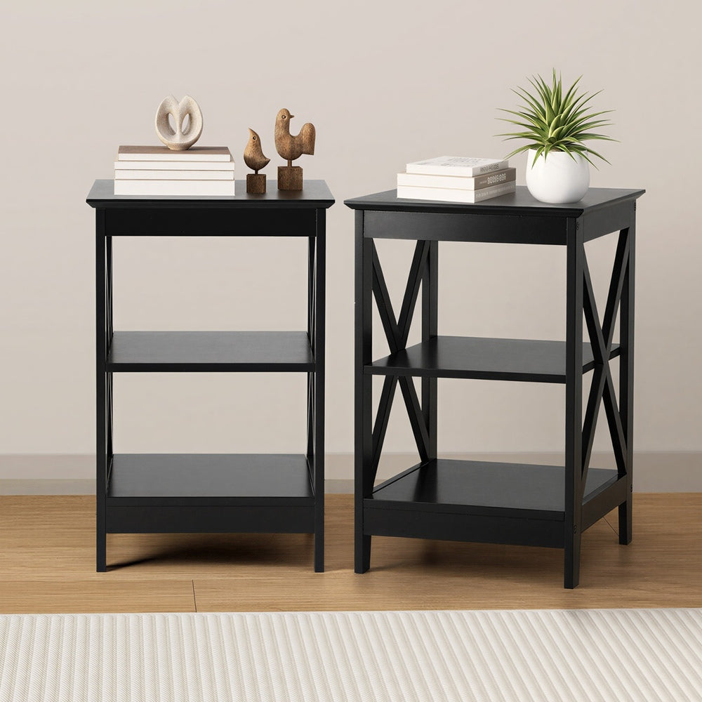 2x Side Table Coffee Bedside Sofa Tables 3-tier Shelf Black