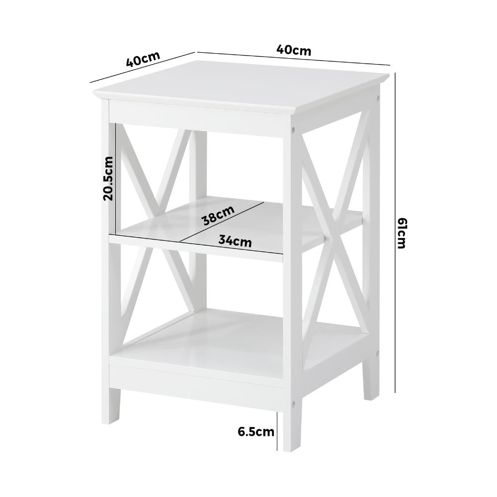 Side Table 3-tier Shelf X-Structured Sides White