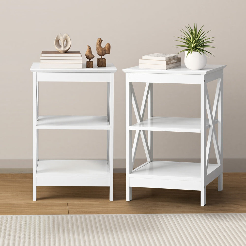 2x Side Table Coffee Bedside Sofa Storage 3-tier Shelf White