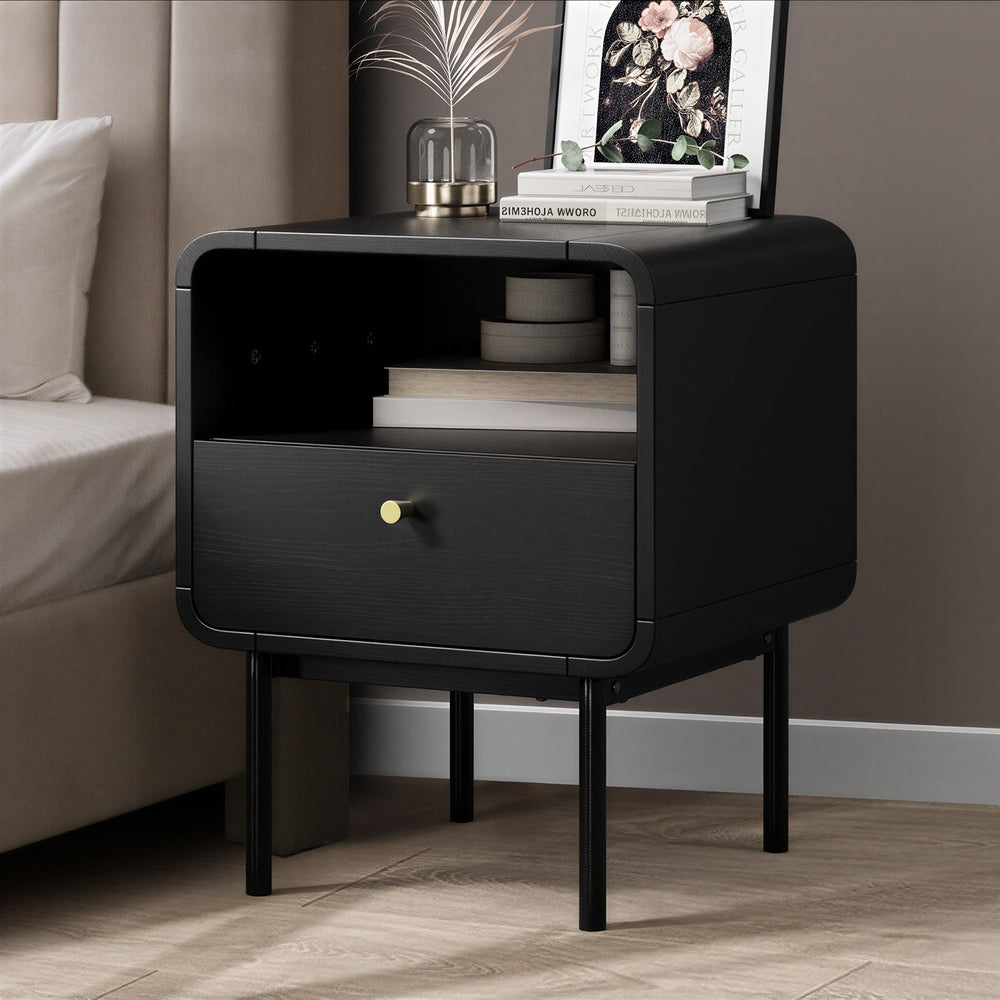 Bedside Table – Wood Grain, Metal Base Frame, Drawer + Shelf, Natural