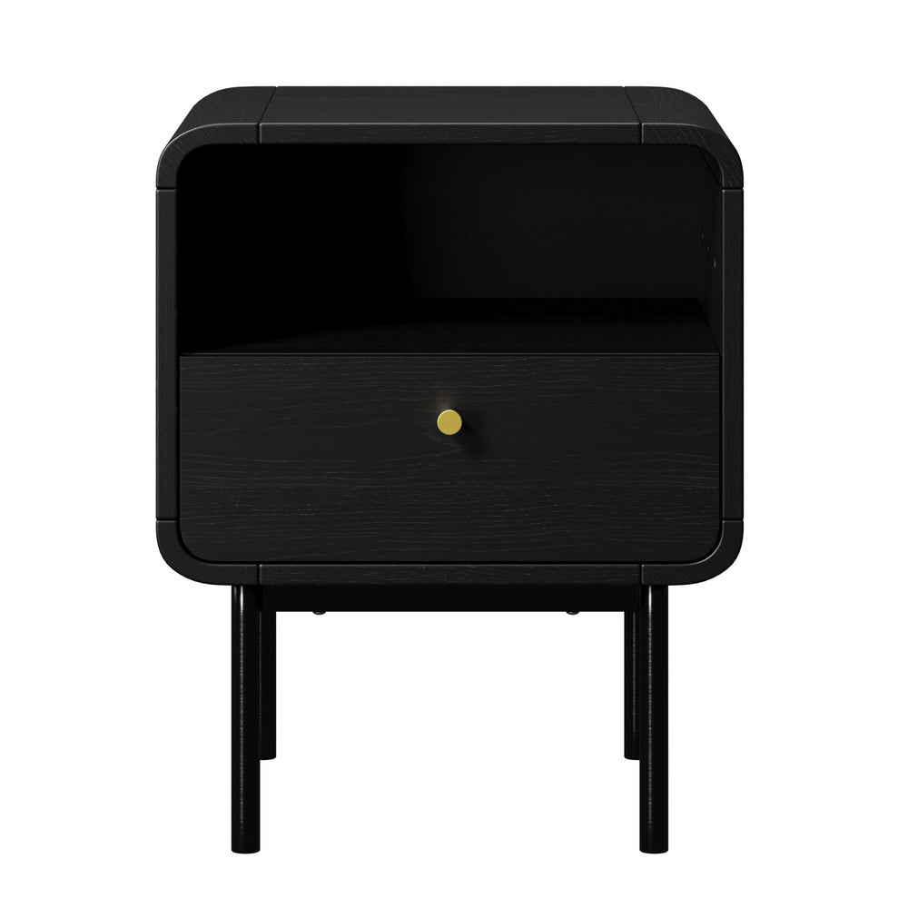Bedside Table – Wood Grain, Metal Base Frame, Drawer + Shelf, Natural