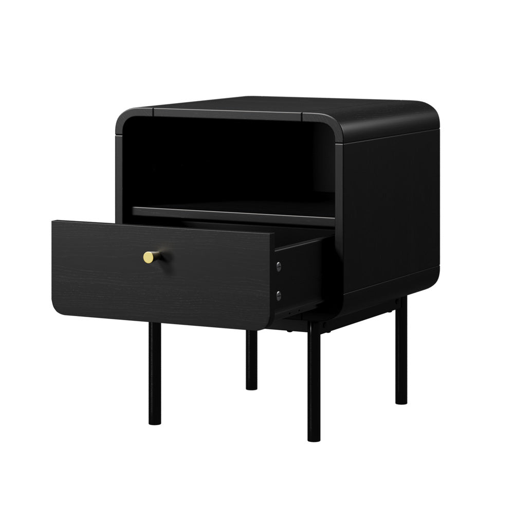 Bedside Table – Wood Grain, Metal Base Frame, Drawer + Shelf, Natural
