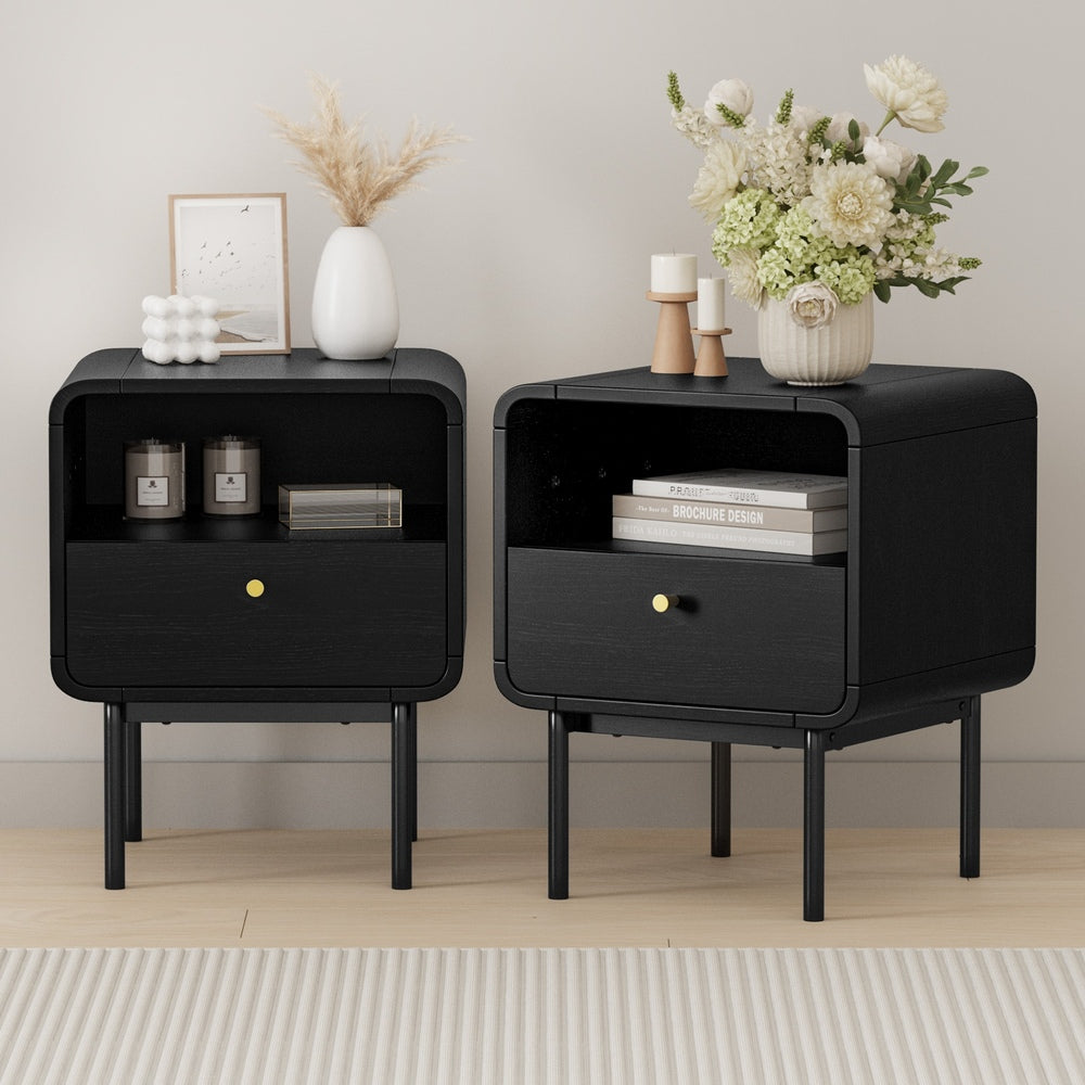 Bedside Table – 1 Drawer, Shelf, Metal Base, Black (Set of 2)
