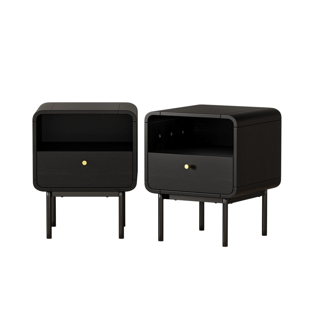 Bedside Table – 1 Drawer, Shelf, Metal Base, Black (Set of 2)