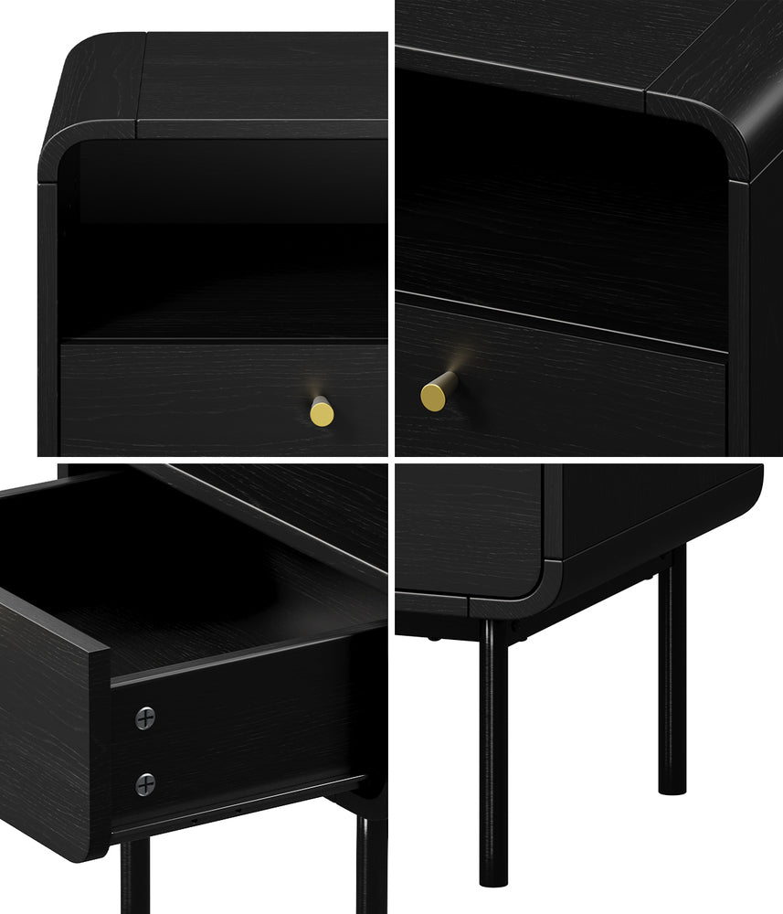 Bedside Table – 1 Drawer, Shelf, Metal Base, Black (Set of 2)