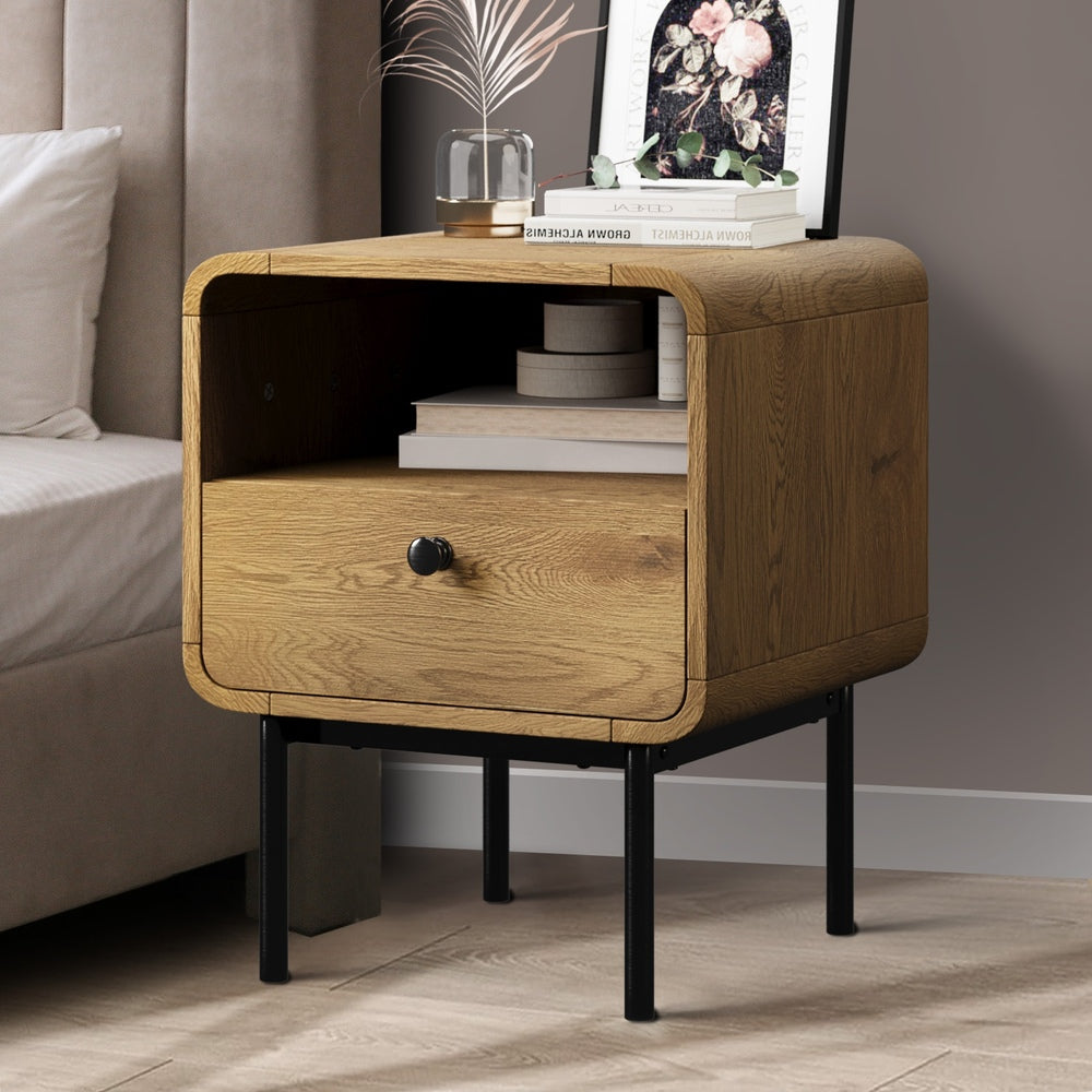 Bedside Table Bedroom Storage Nightstand Metal Natural