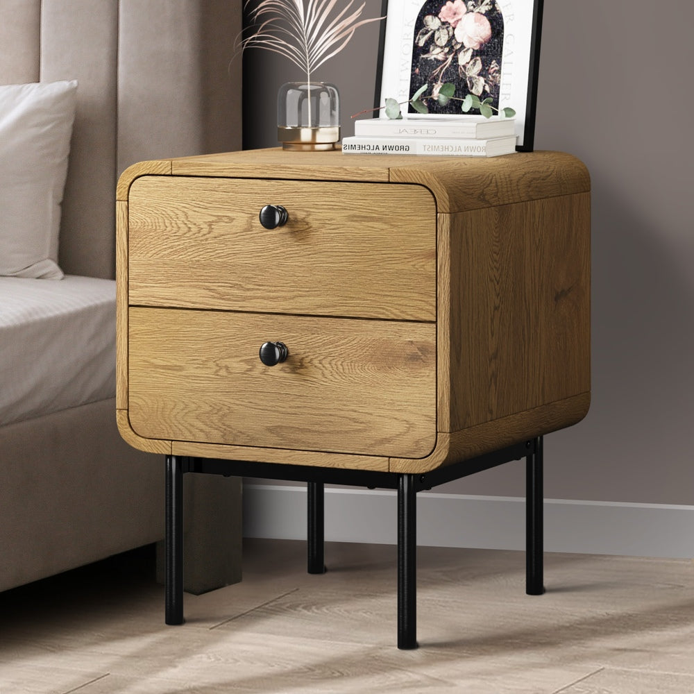 Bedside Table 2 Drawers Bedroom Nightstand Metal Natural