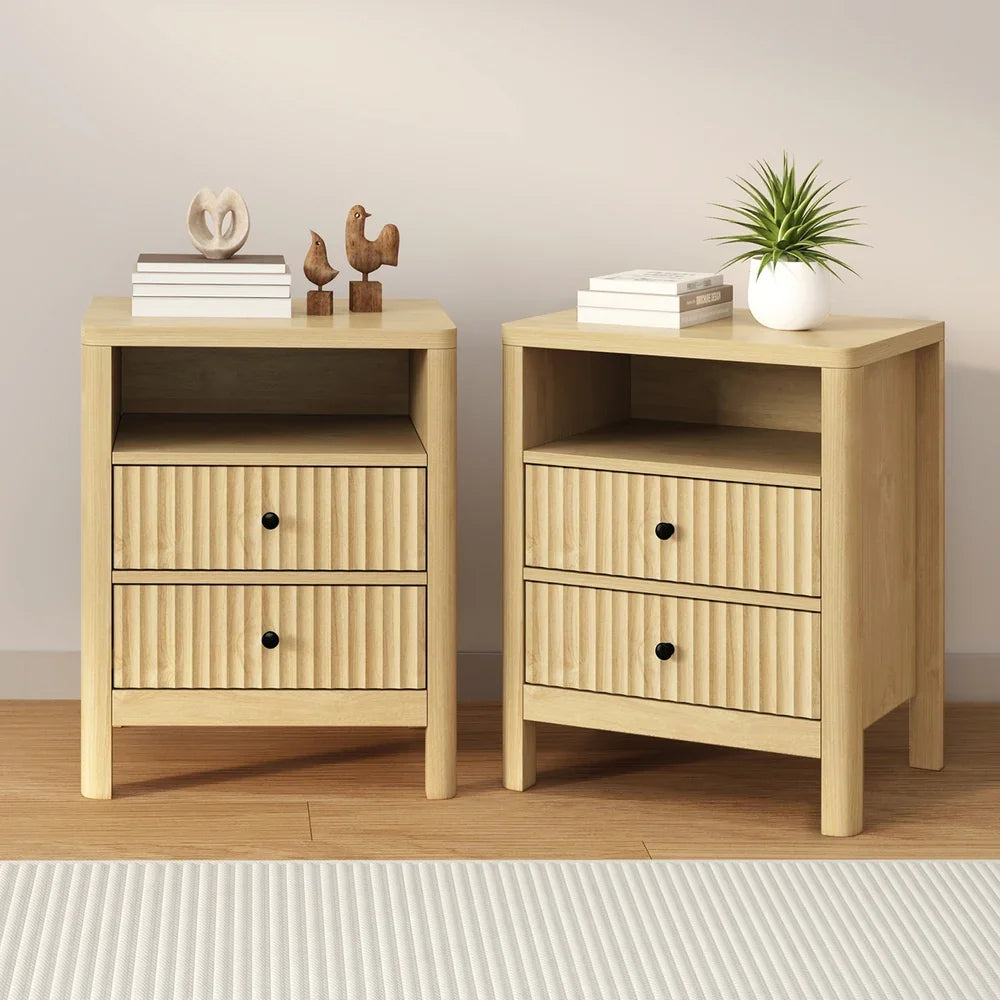 2x Bedside Table 2 Drawers Nightstand Open Shelf Natural