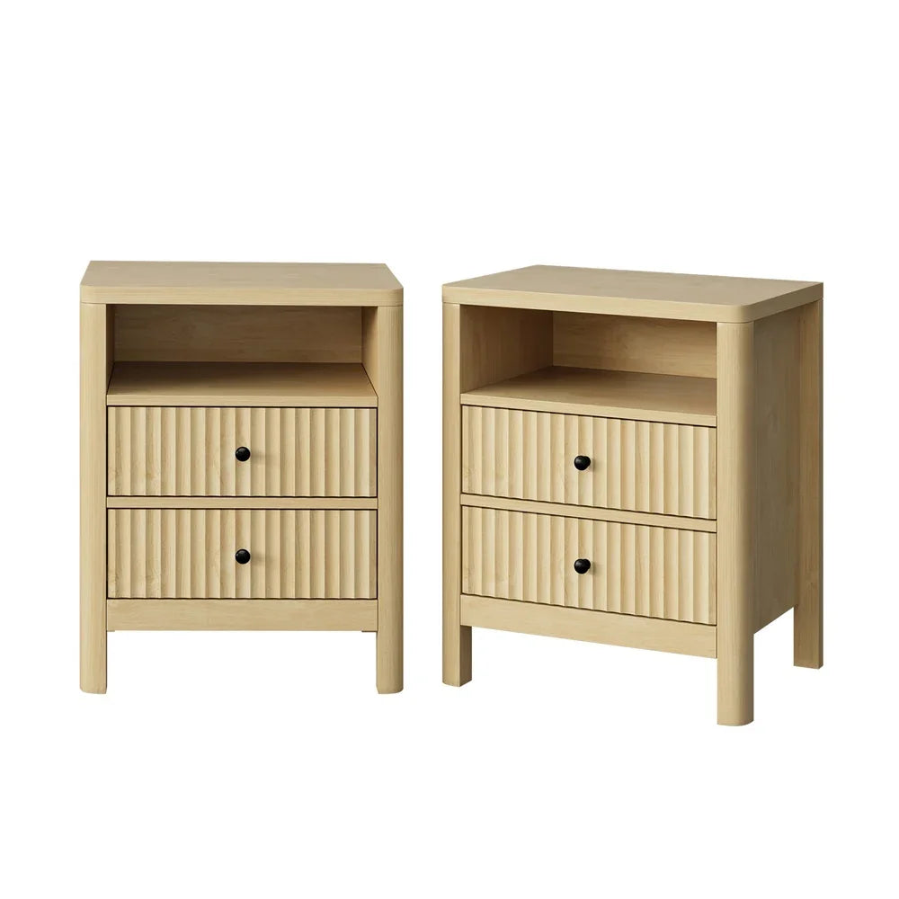 2x Bedside Table 2 Drawers Nightstand Open Shelf Natural