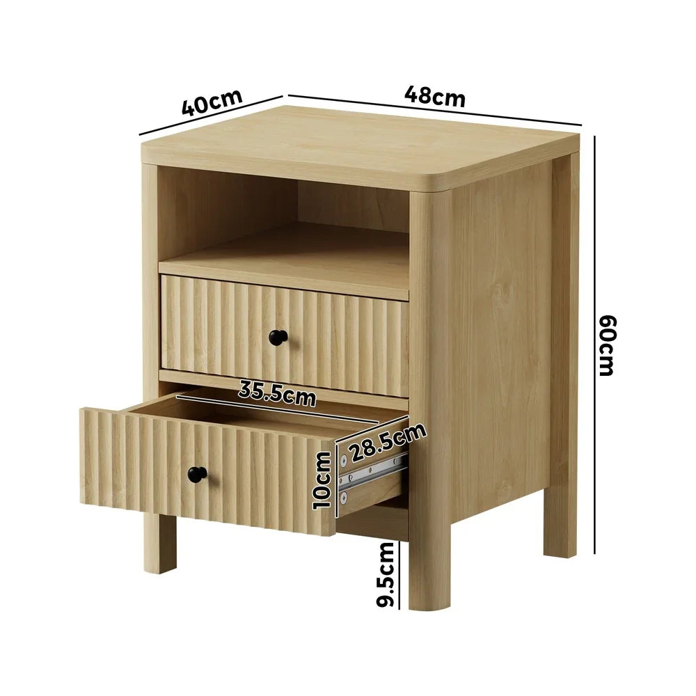 2x Bedside Table 2 Drawers Nightstand Open Shelf Natural