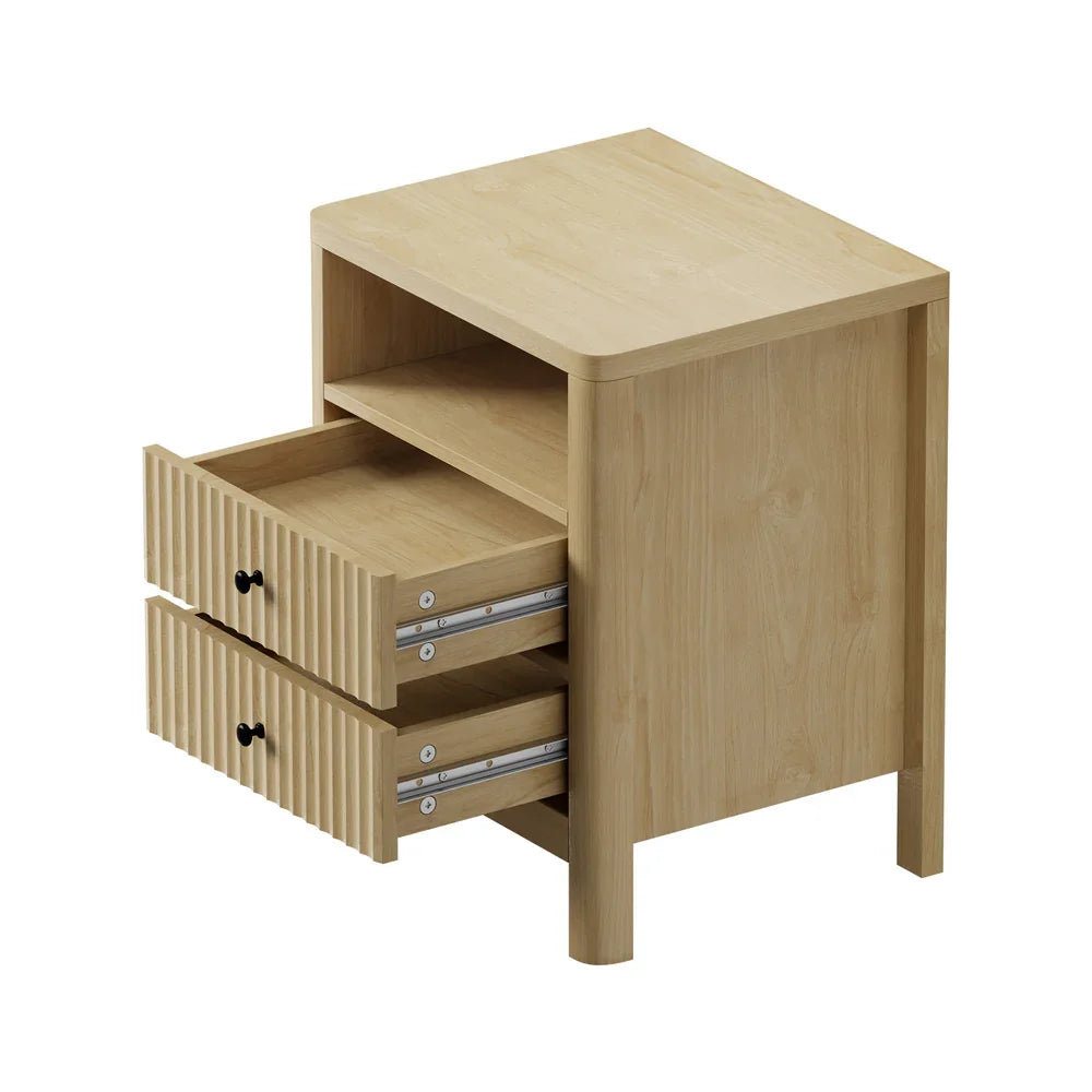 2x Bedside Table 2 Drawers Nightstand Open Shelf Natural