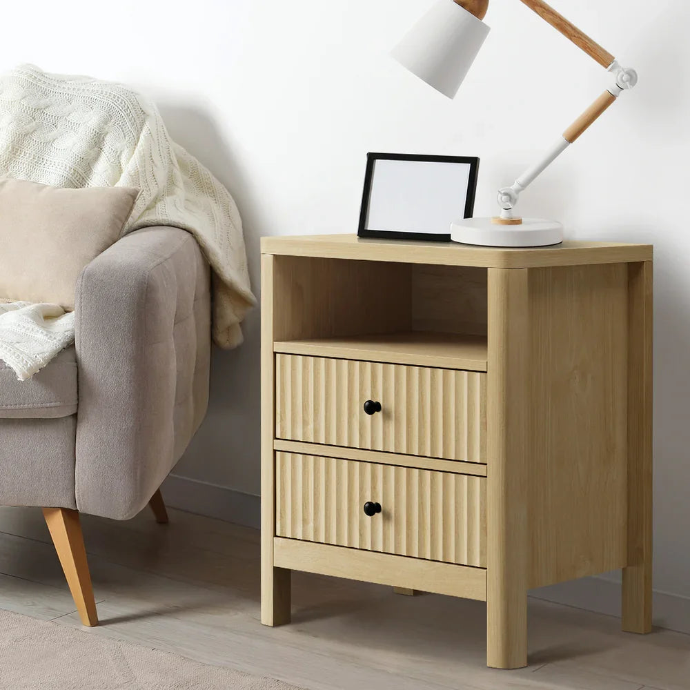 2x Bedside Table 2 Drawers Nightstand Open Shelf Natural