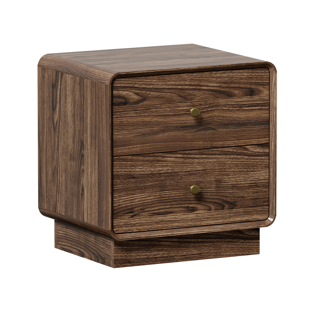 Bedside Table 2 Drawers Nightstand Round Corner Walnut