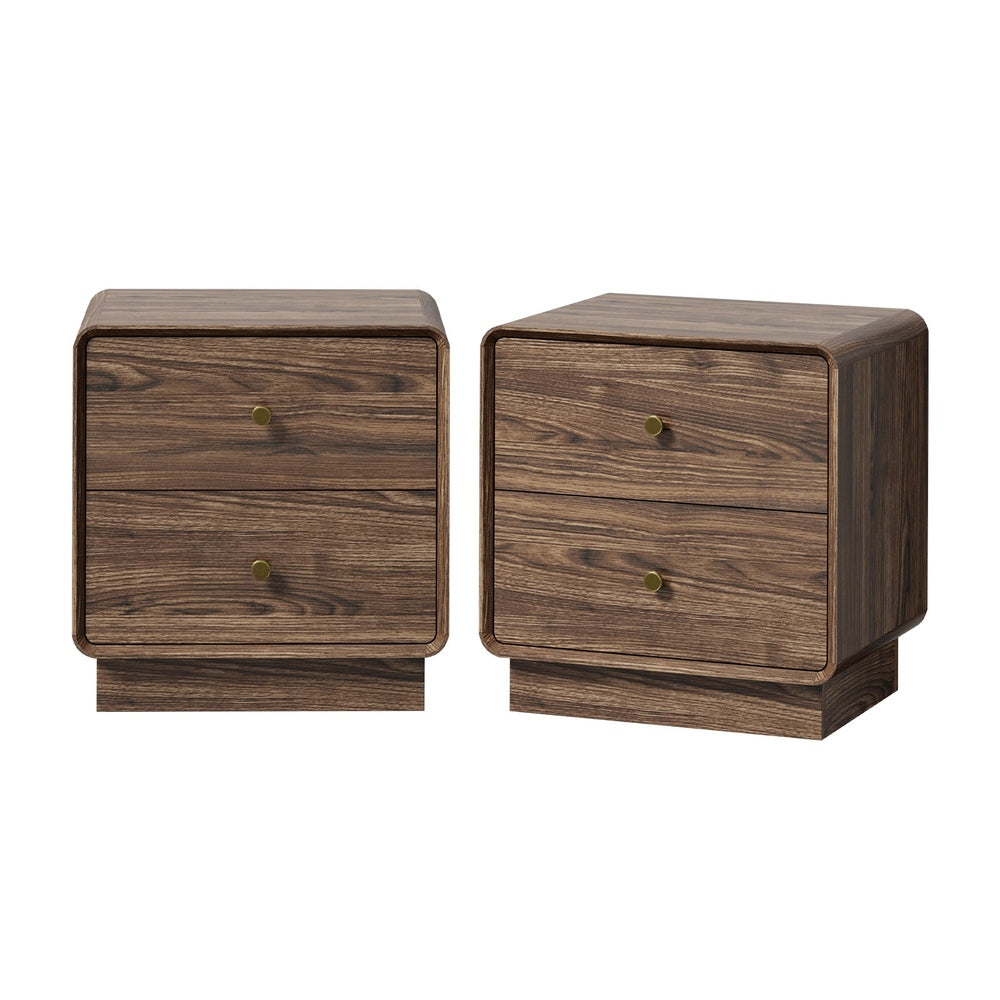 Oikiture 2pc Bedside Table 2 Drawers Nightstand Round Corner Walnut