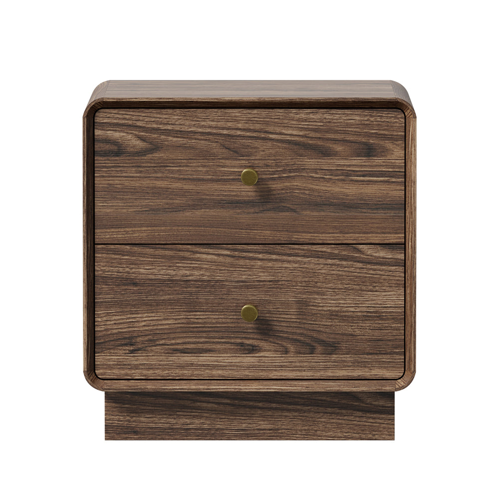 Oikiture 2pc Bedside Table 2 Drawers Nightstand Round Corner Walnut