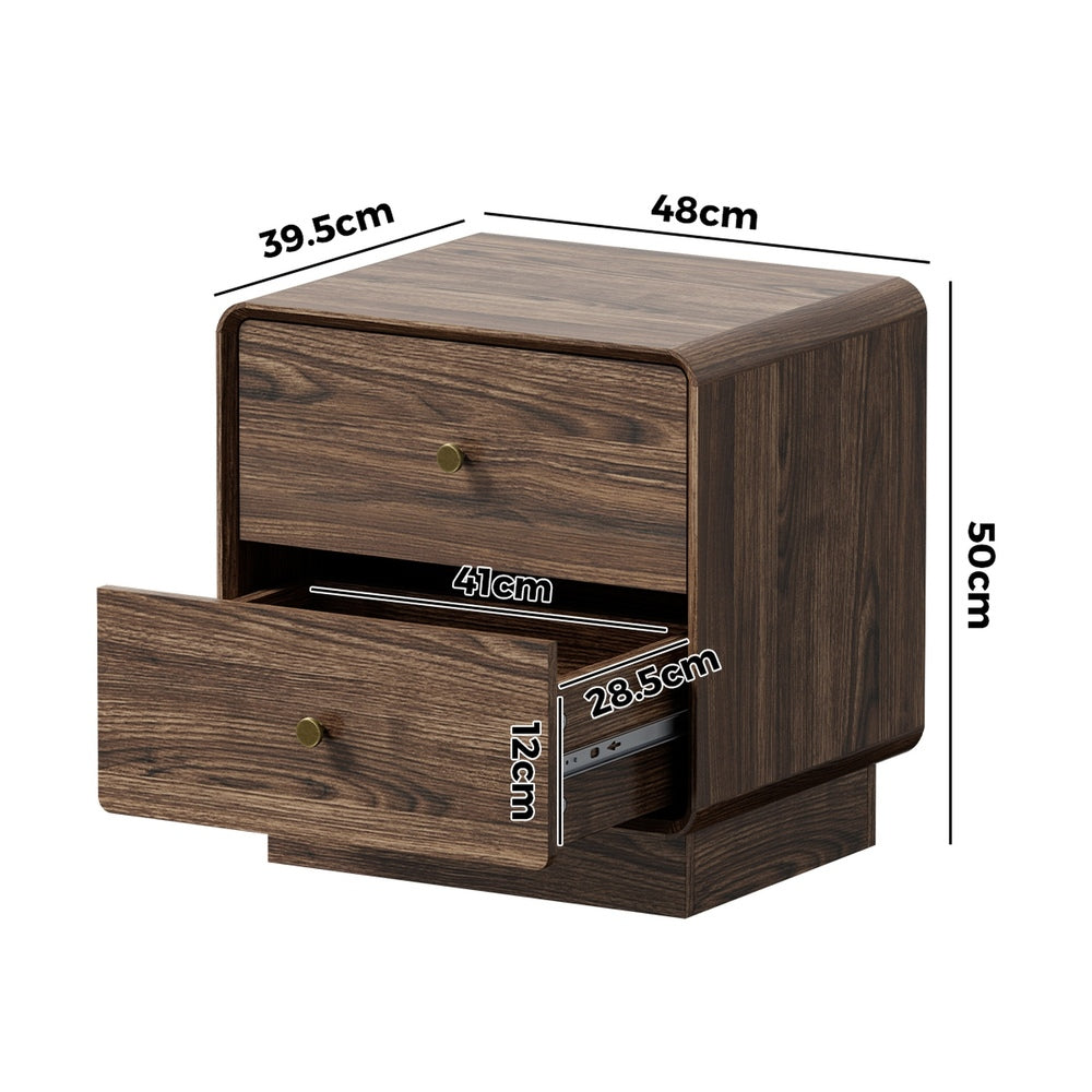 Oikiture 2pc Bedside Table 2 Drawers Nightstand Round Corner Walnut