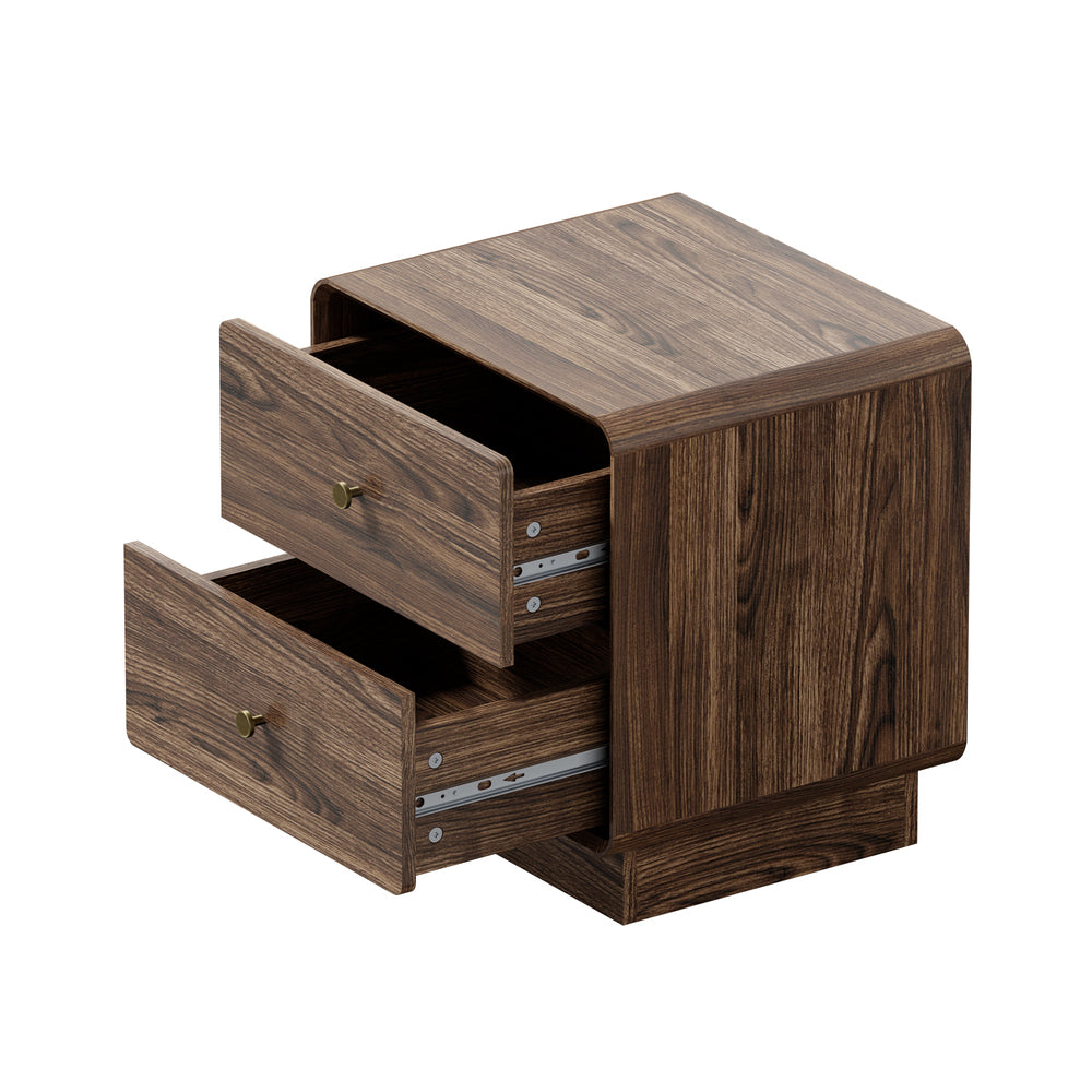 Oikiture 2pc Bedside Table 2 Drawers Nightstand Round Corner Walnut