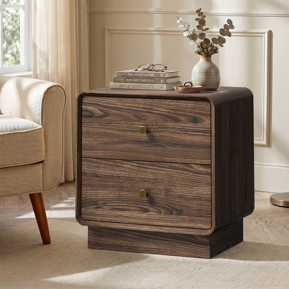 Oikiture 2pc Bedside Table 2 Drawers Nightstand Round Corner Walnut