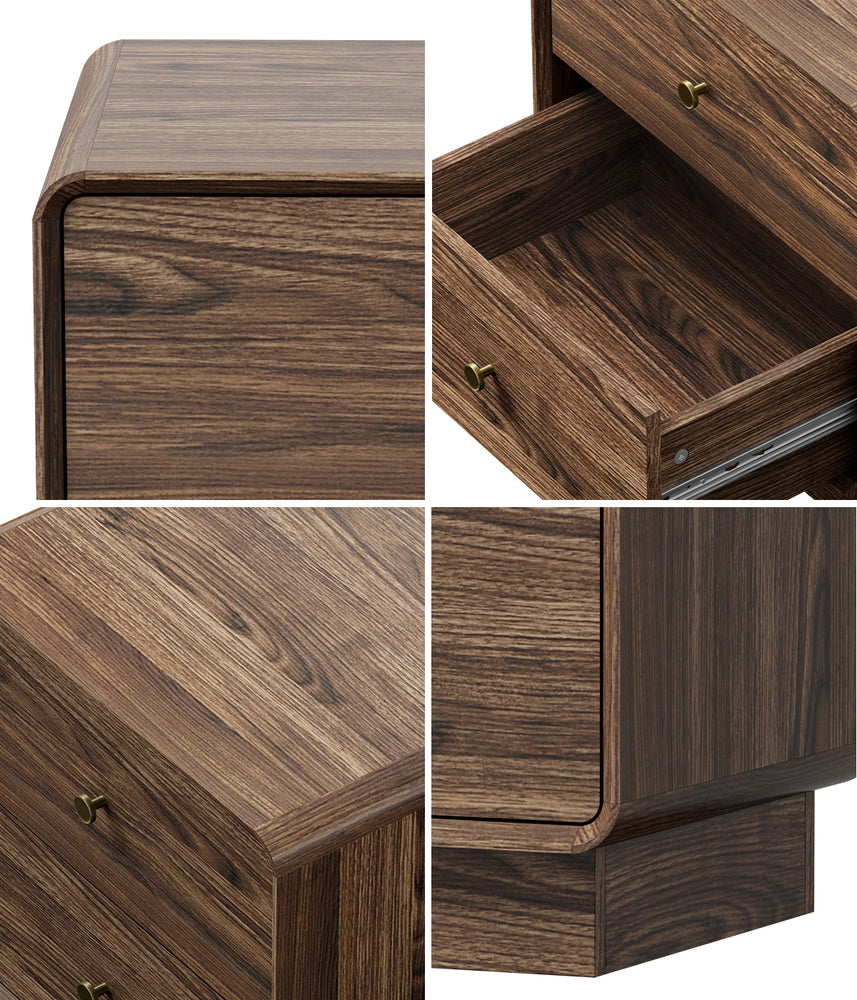 Oikiture 2pc Bedside Table 2 Drawers Nightstand Round Corner Walnut