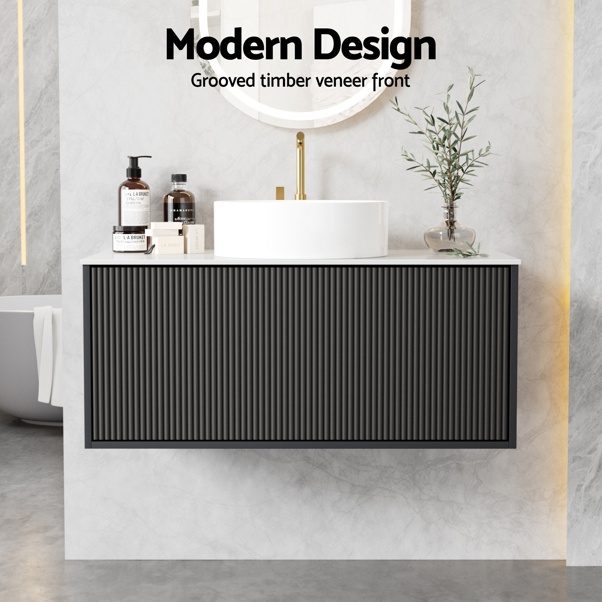 Vanity Unit 900mm Bathroom Cabinet Storage Wall Hung Grooved Timber Black