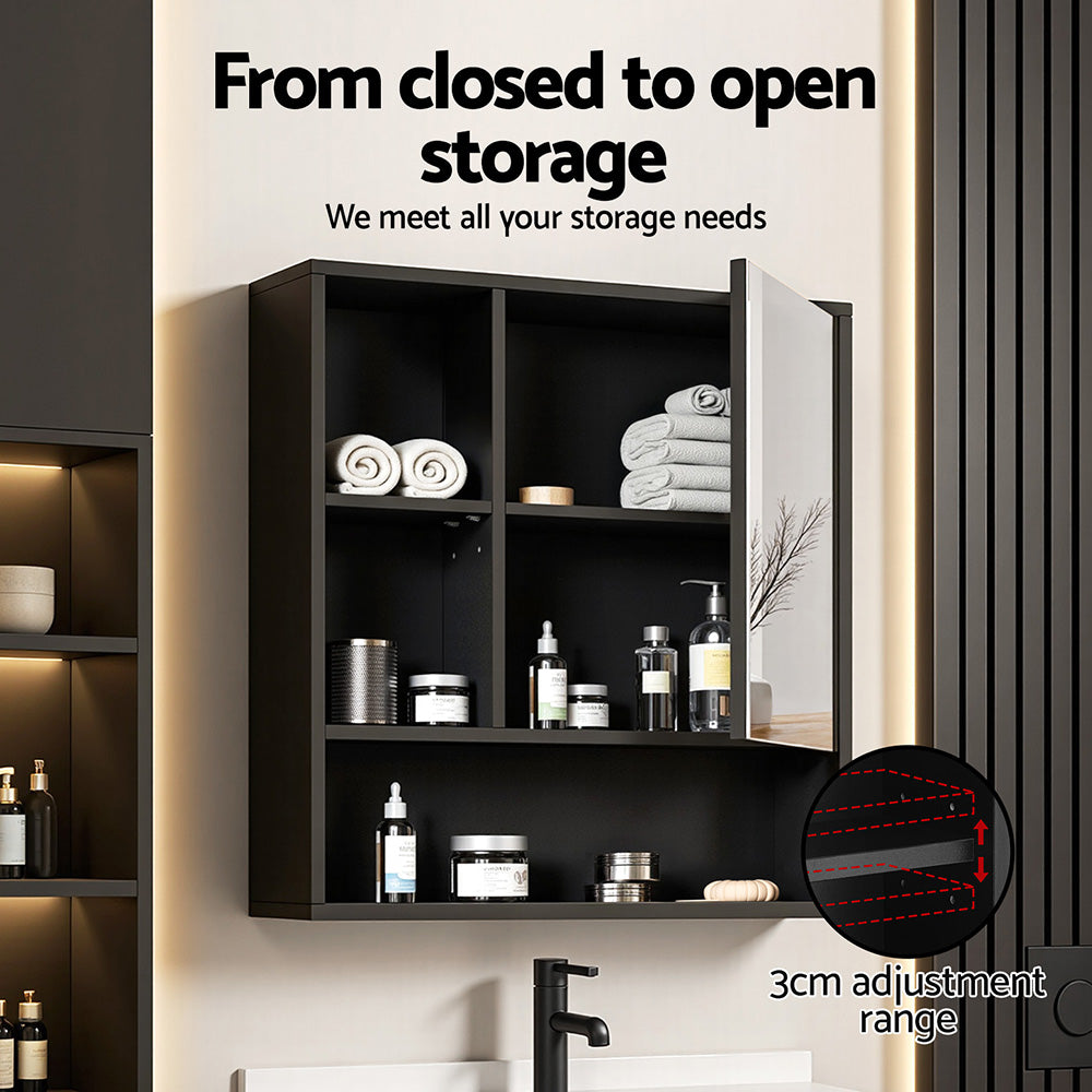 Bathroom Mirror Cabinet Mirrored Medicine Adjustable Shelf Wall Mounted 560mm Black