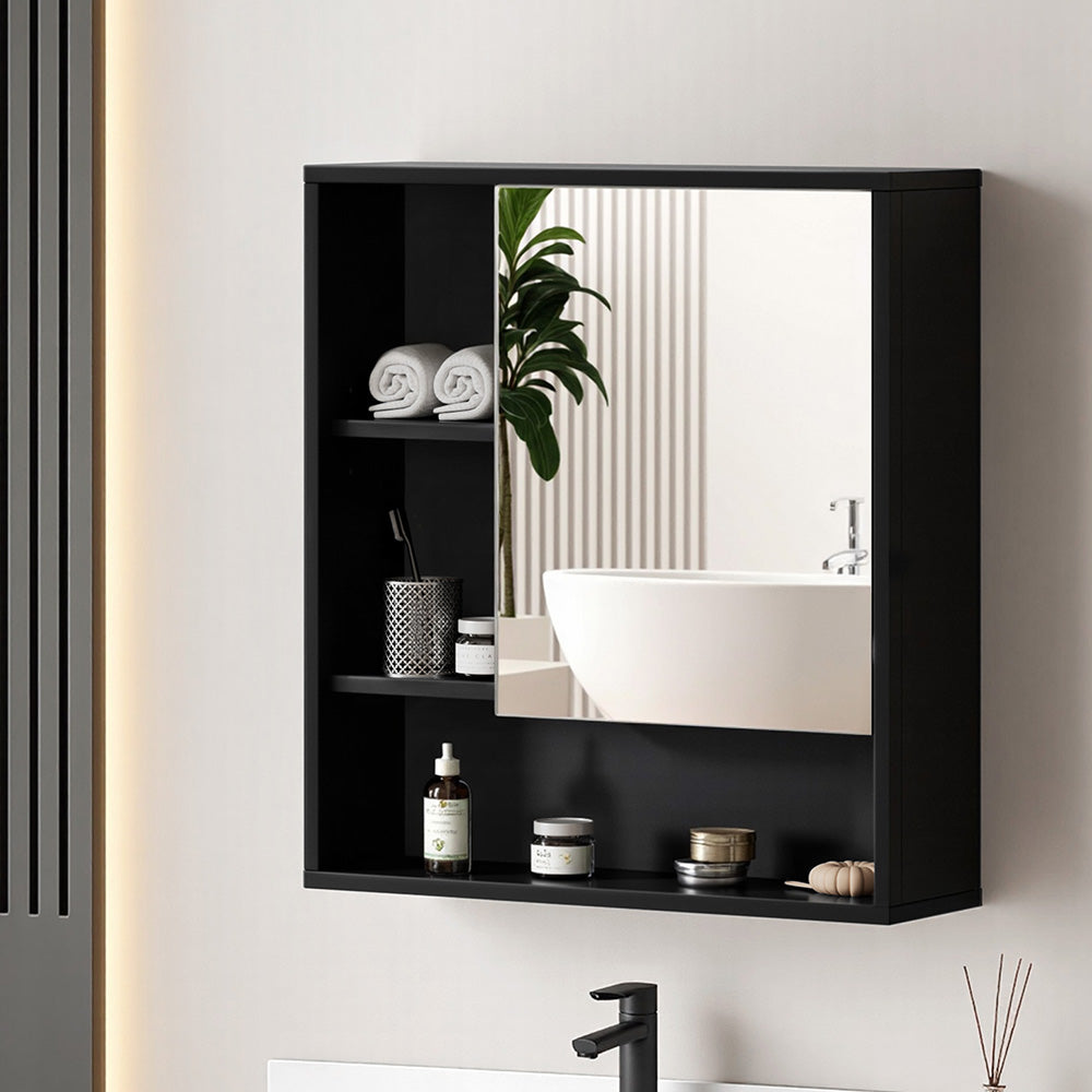 Bathroom Mirror Cabinet Mirrored Medicine Adjustable Shelf Wall Mounted 560mm Black