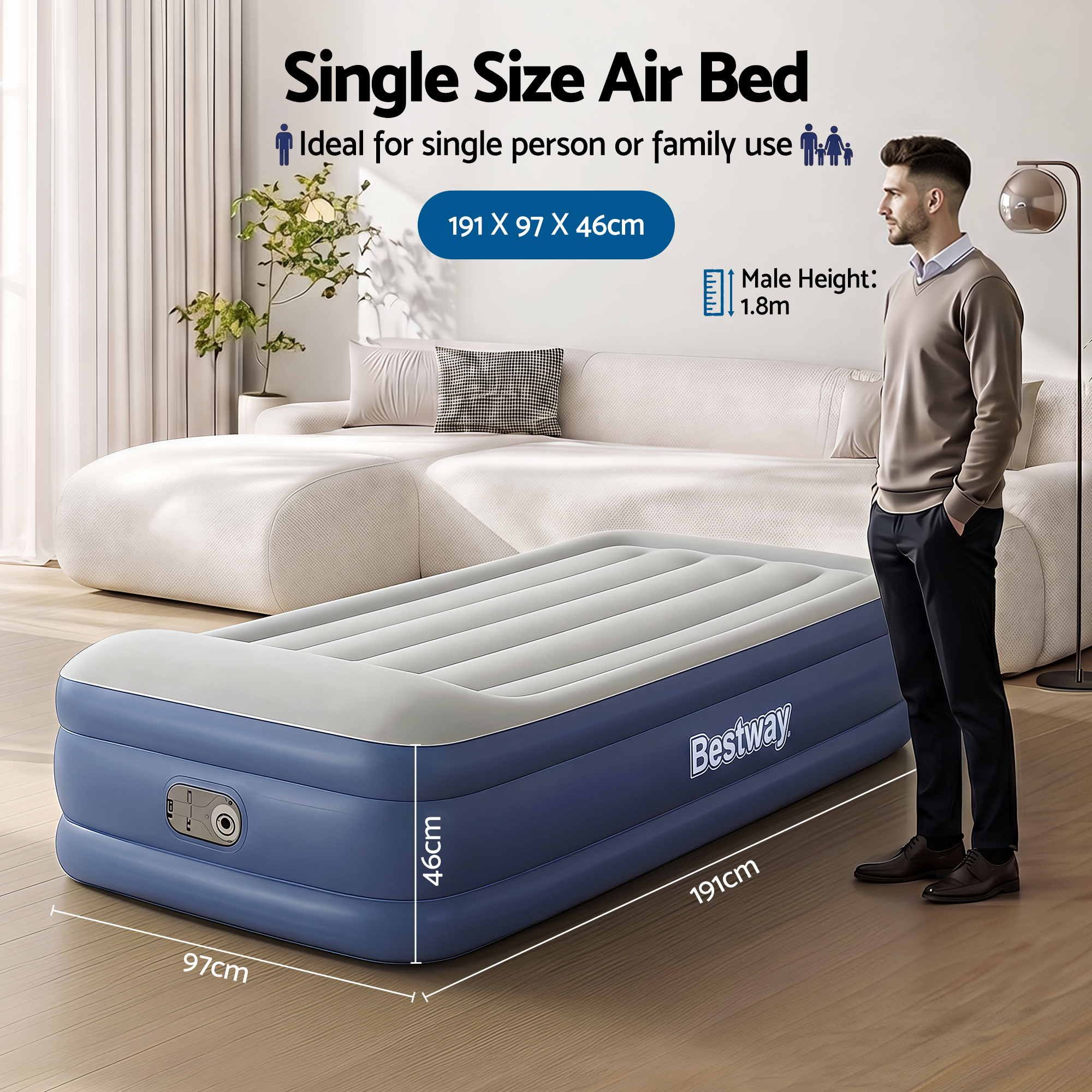 Air Bed Single 46cm I-Beam Built-in Electric Pump 150kg Capacity