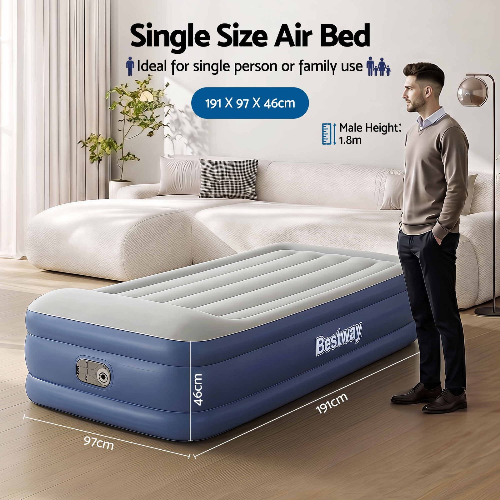 Air Bed Single 46cm I-Beam Built-in Electric Pump 150kg Capacity