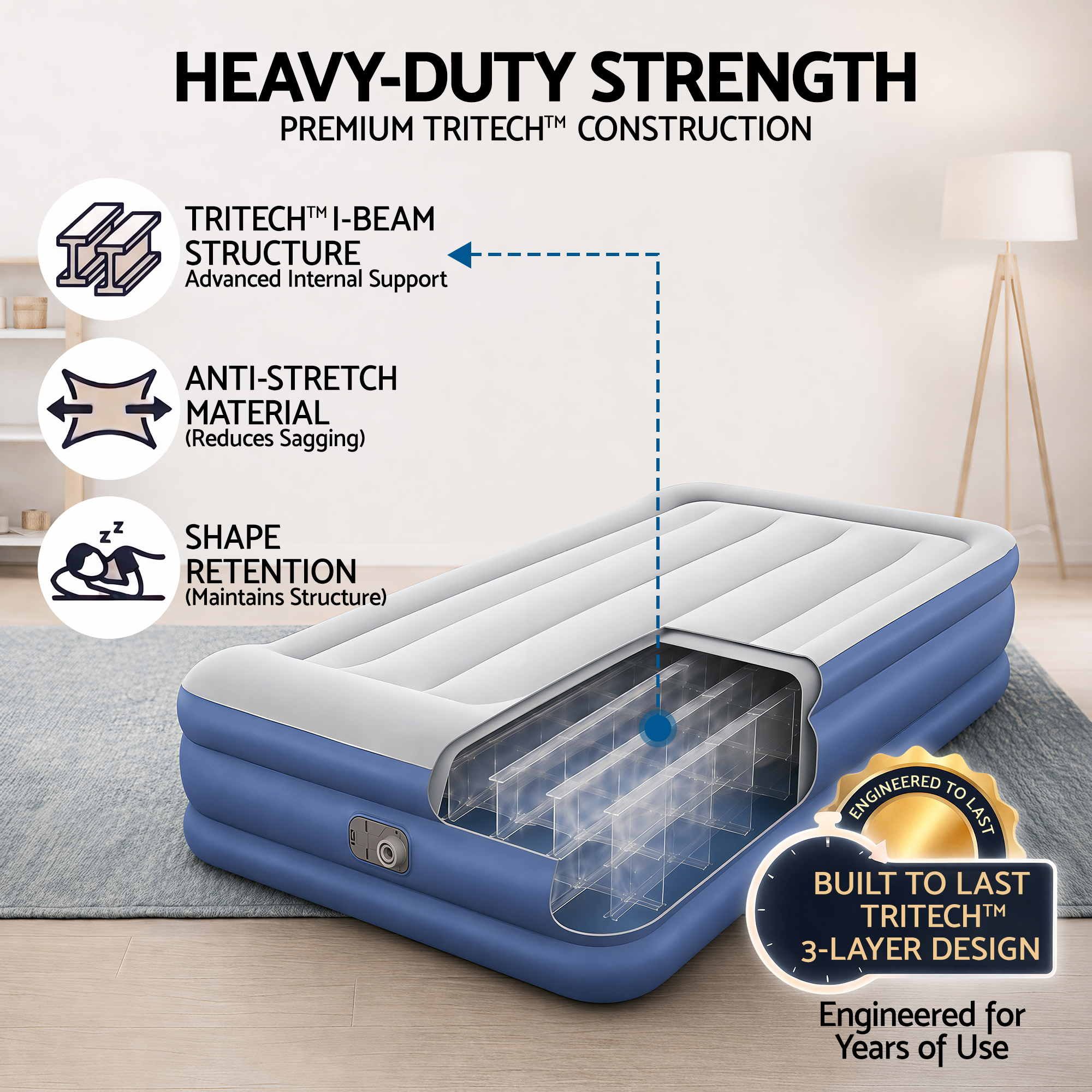 Air Bed Single 46cm I-Beam Built-in Electric Pump 150kg Capacity