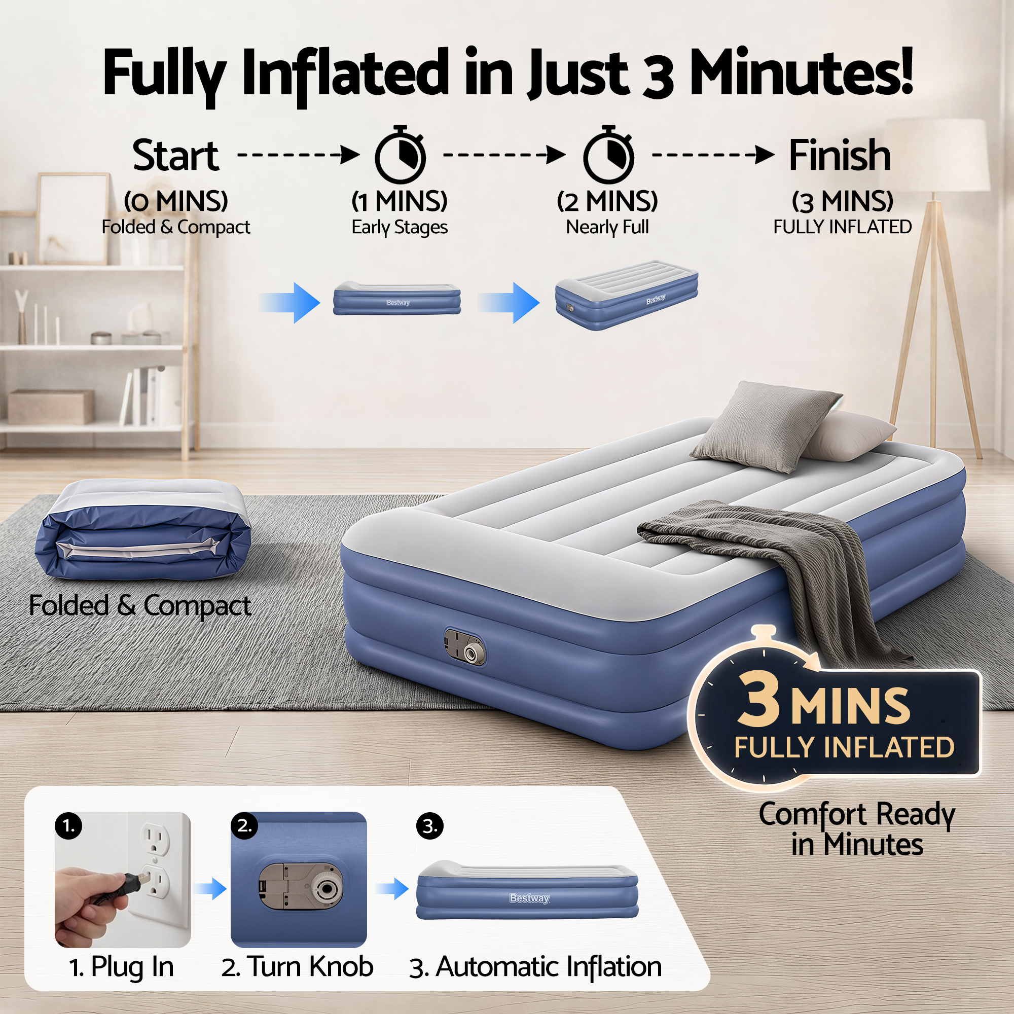 Air Bed Single 46cm I-Beam Built-in Electric Pump 150kg Capacity