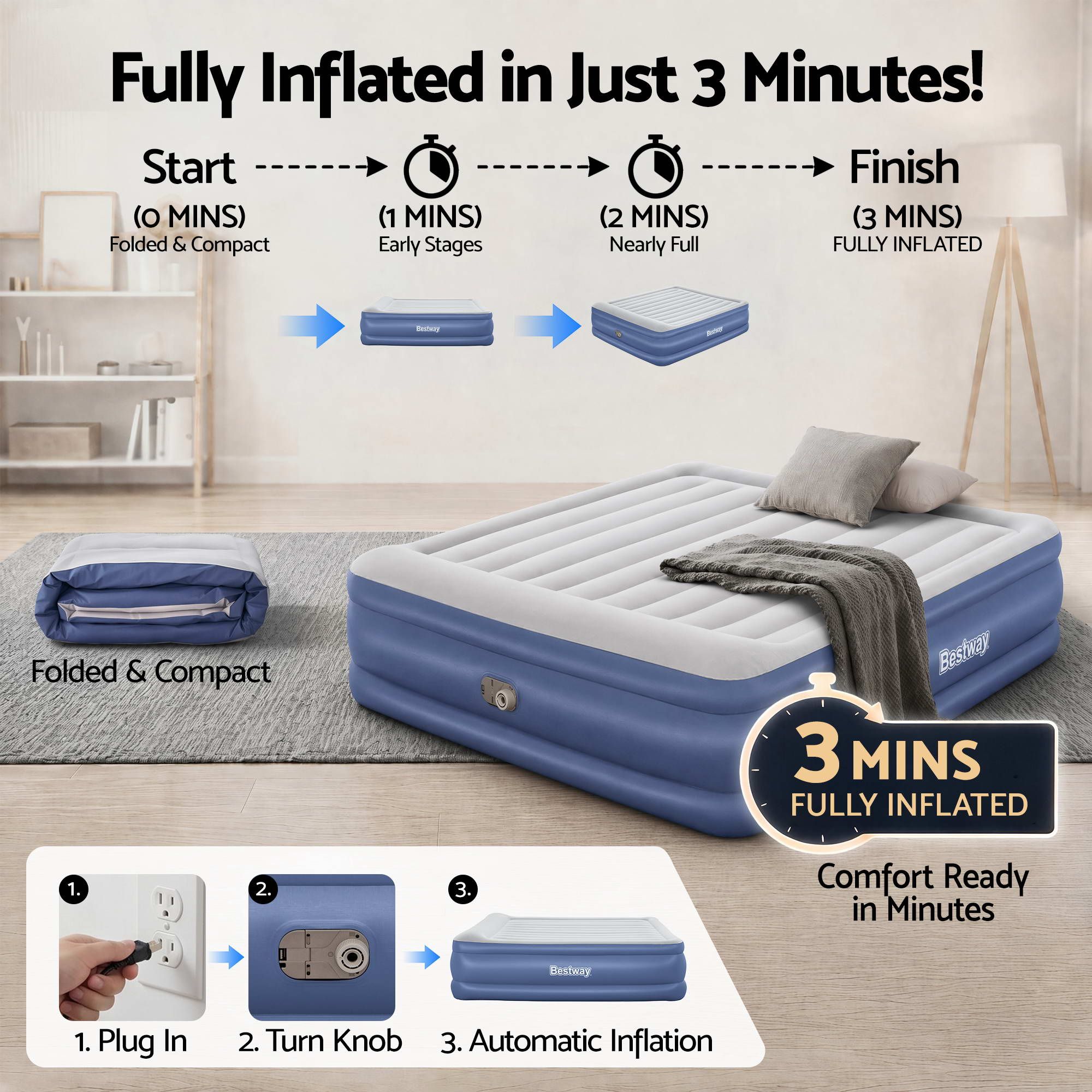 King Air Bed Inflatable Mattress with Built In Pump & Pillow