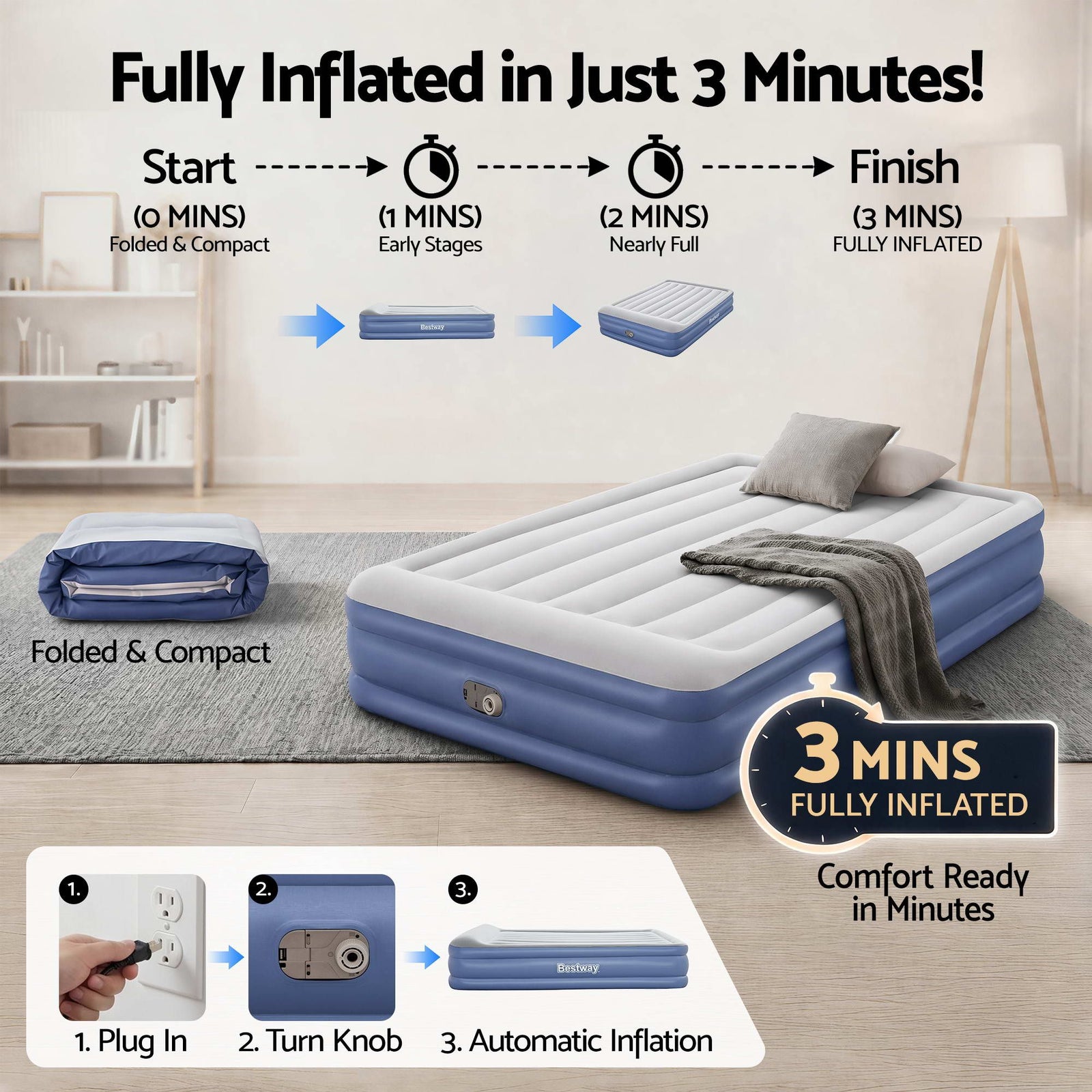Queen Air Bed Inflatable Mattress with Built In Pump & Pillow