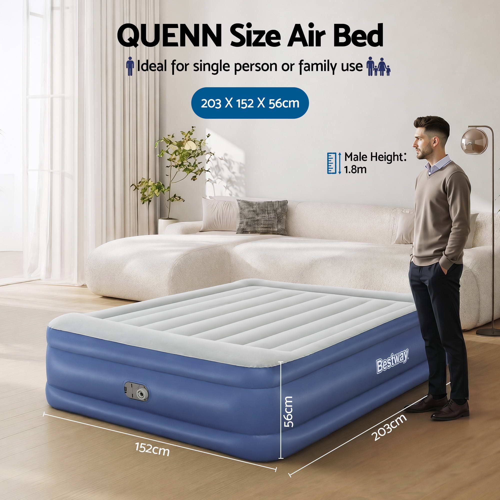 Air Bed Queen 56cm Coil Beam Built-in Electric Pump Navy