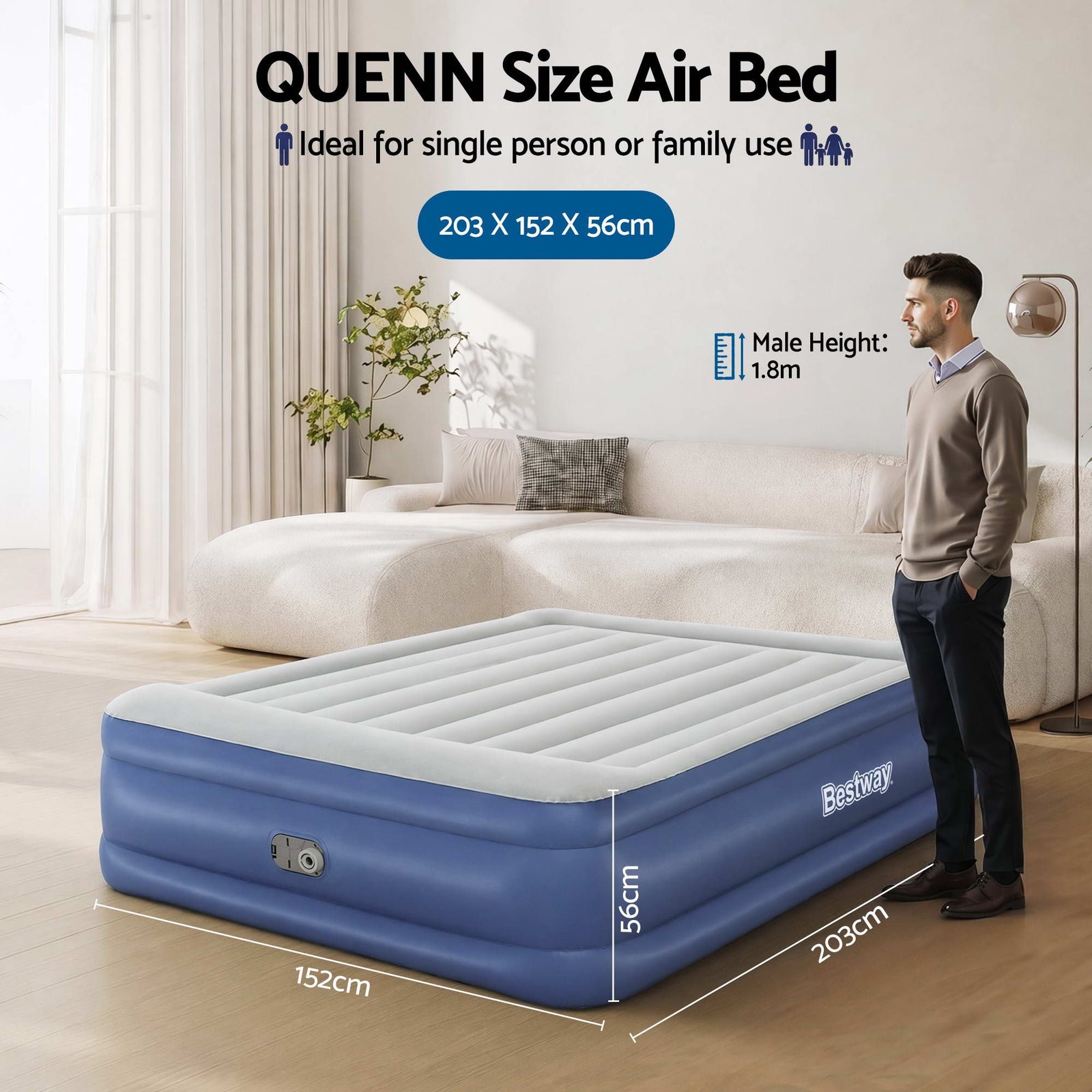 Air Bed Queen 56cm Coil Beam Built-in Electric Pump Navy