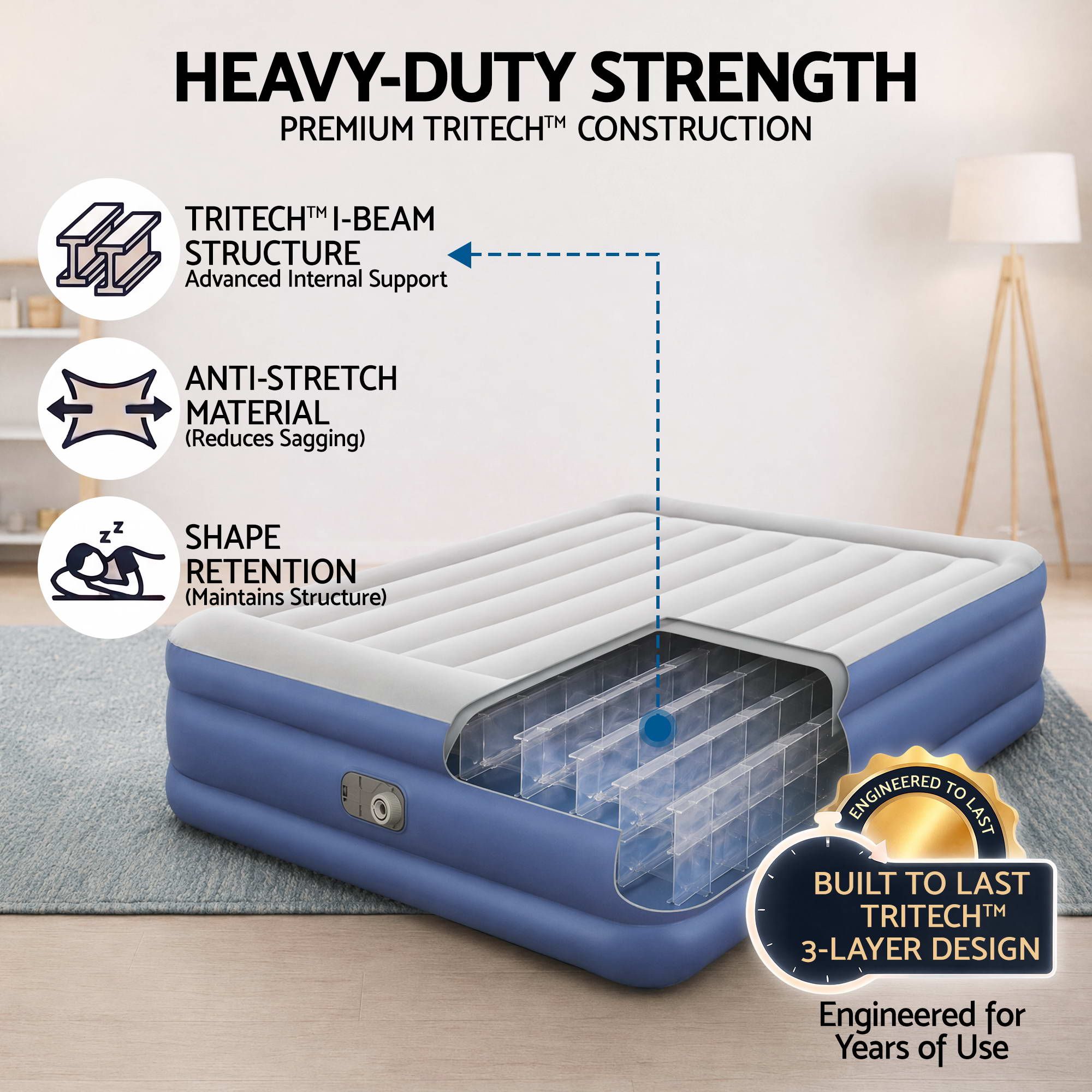 Air Bed Queen 56cm Coil Beam Built-in Electric Pump Navy
