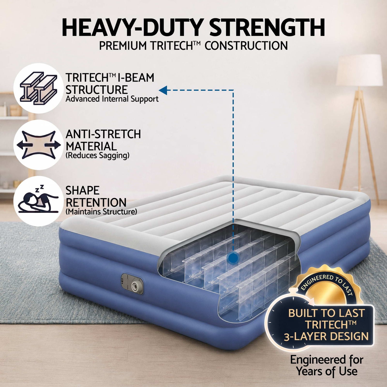 Air Bed Queen 56cm Coil Beam Built-in Electric Pump Navy