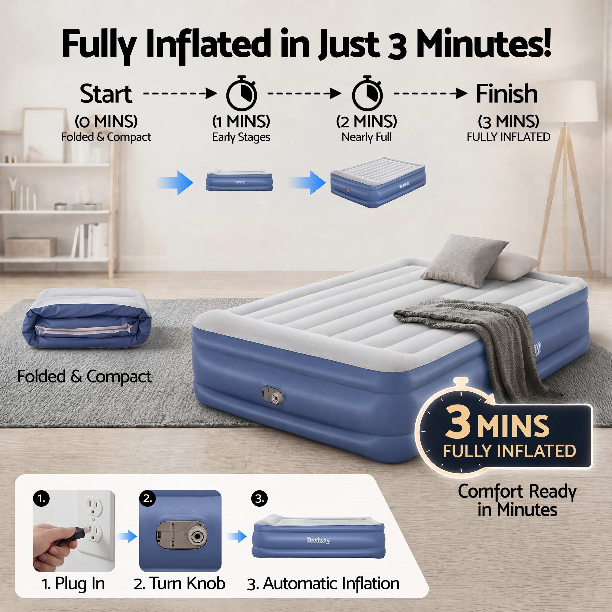 Air Bed Queen 56cm Coil Beam Built-in Electric Pump Navy