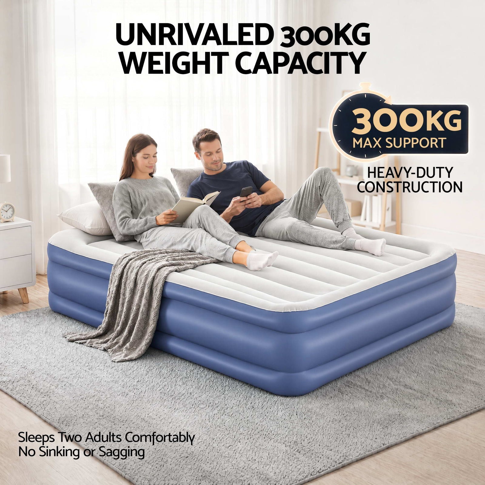 Air Bed Queen 56cm Coil Beam Built-in Electric Pump Navy