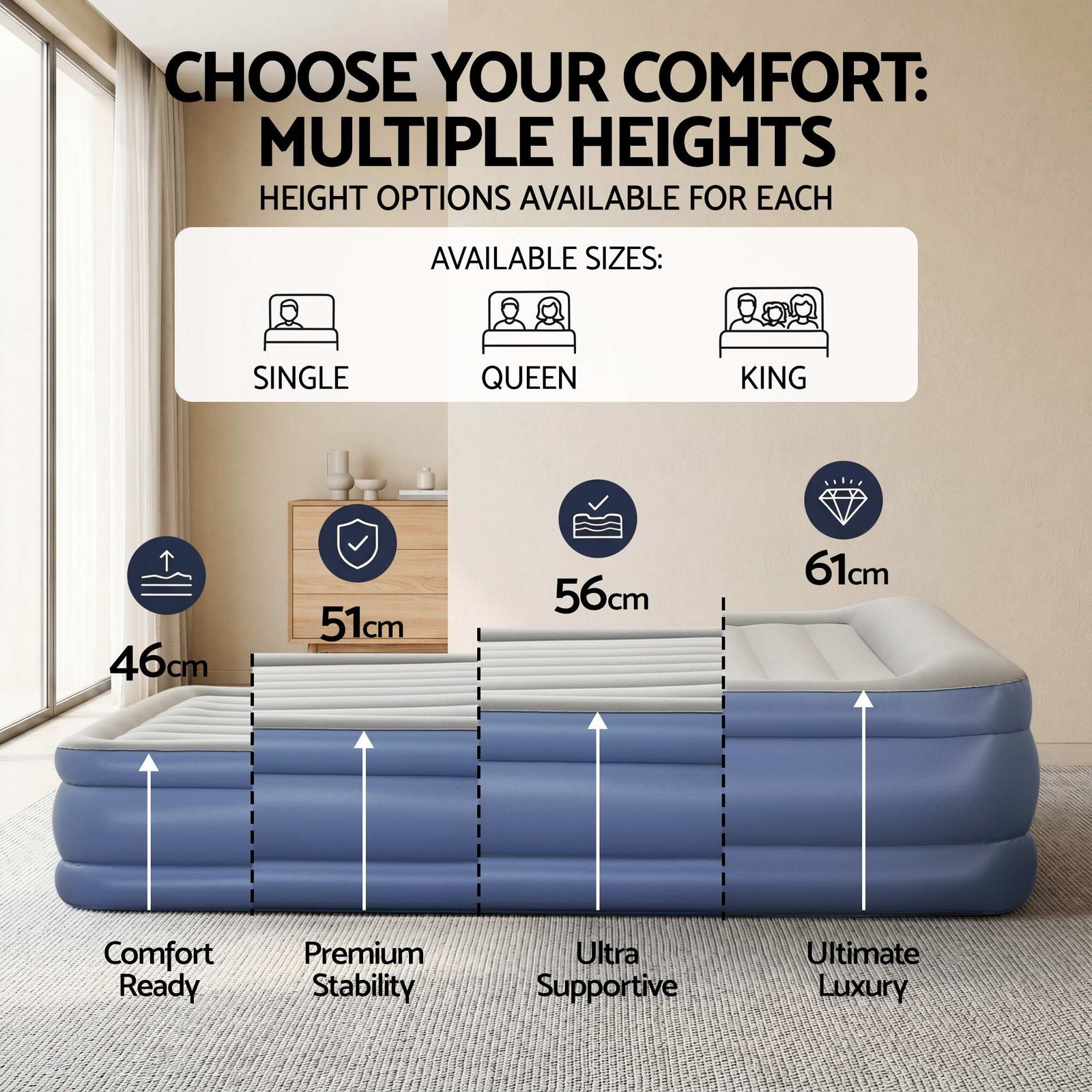 Air Bed Queen 56cm Coil Beam Built-in Electric Pump Navy