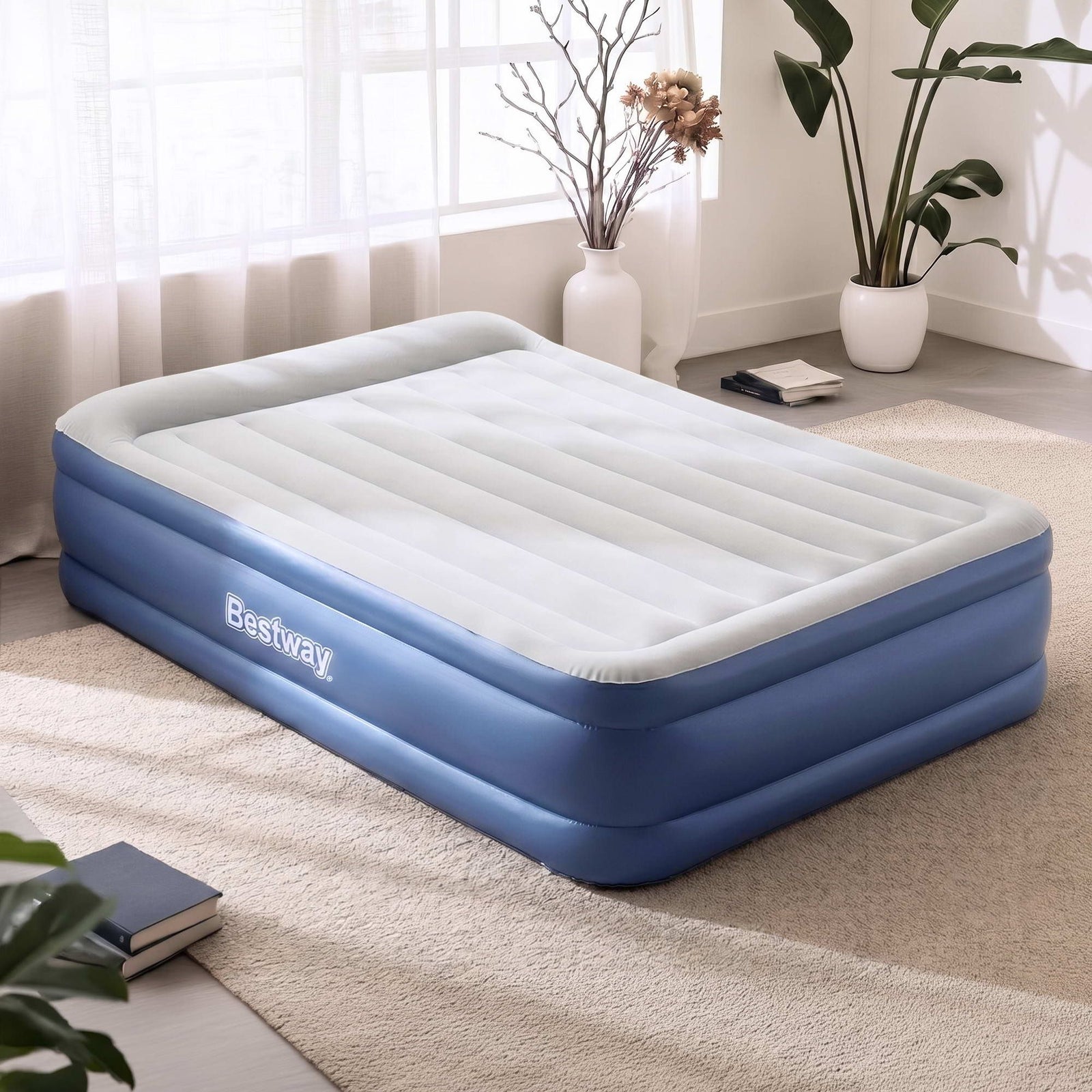 Air Bed Queen 56cm Coil Beam Built-in Electric Pump Navy