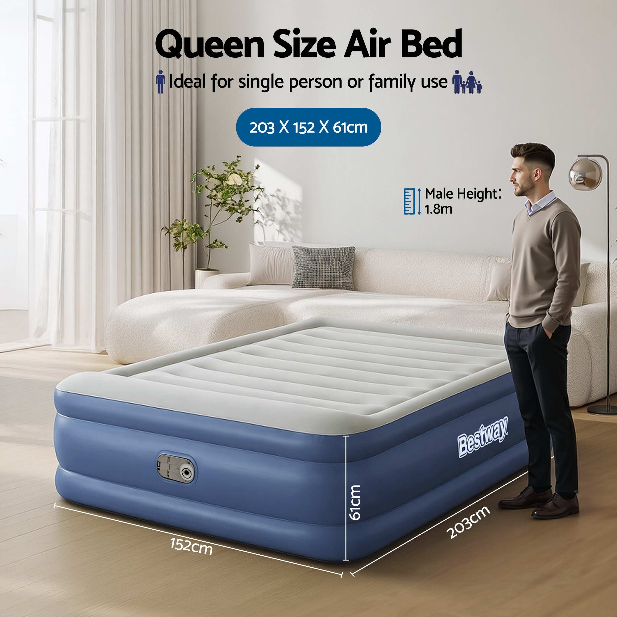 Queen Size Air Bed with Built-In Pump, Pillow & Flocked Surface
